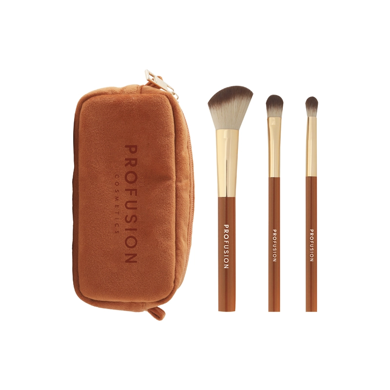 Profusion Cosmetics Pumpkin Spice face and eye brush set with cinnamon stick design and storage bag, includes three makeup brushes.