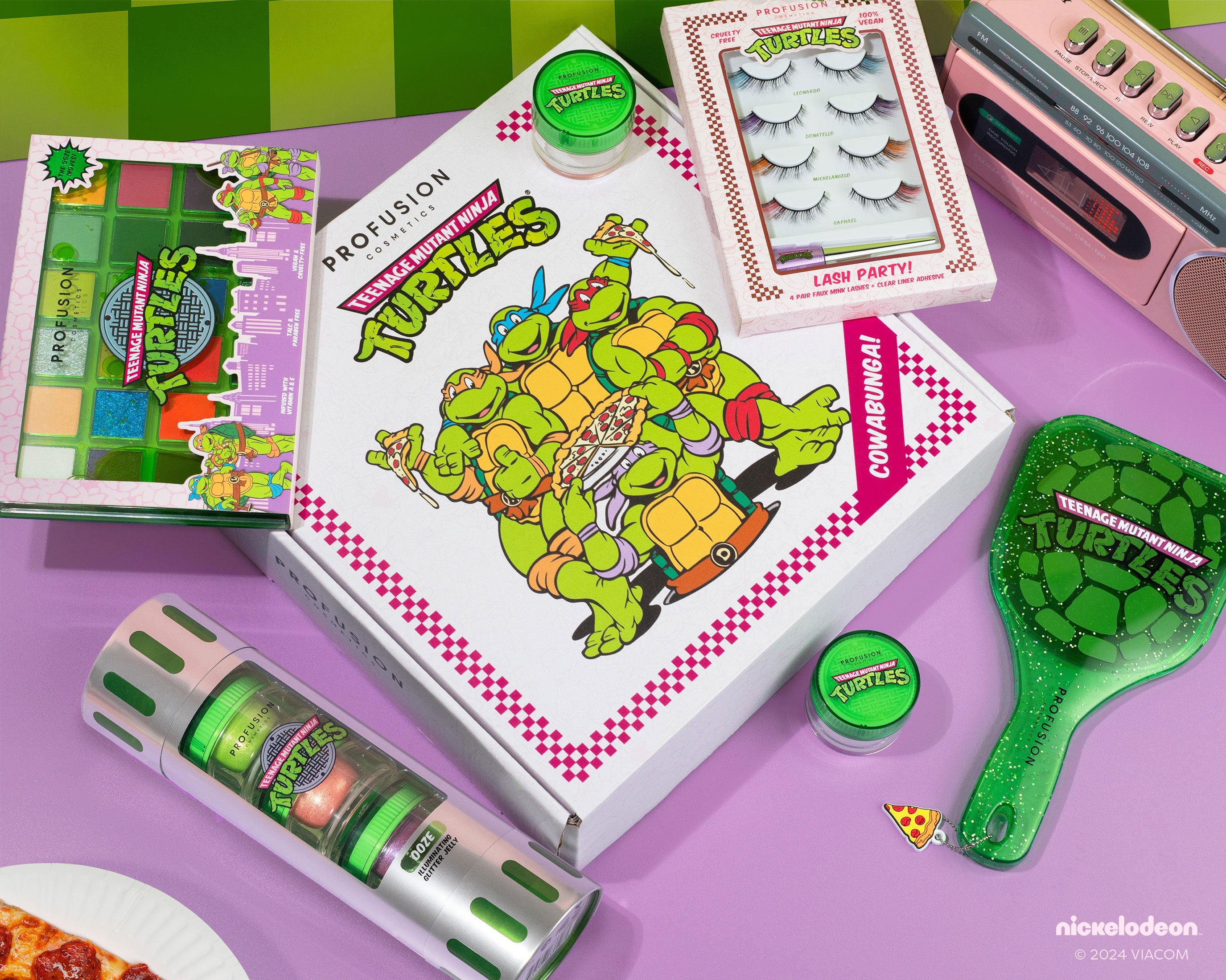 Profusion Cosmetics Teenage Mutant Ninja Turtles bundle set with box, featuring colorful makeup products and TMNT themed packaging.