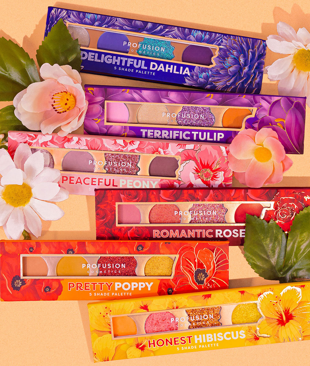 Profusion Cosmetics Blooming Hues Collection makeup palette with colorful eyeshadows and blushes in a sleek compact.