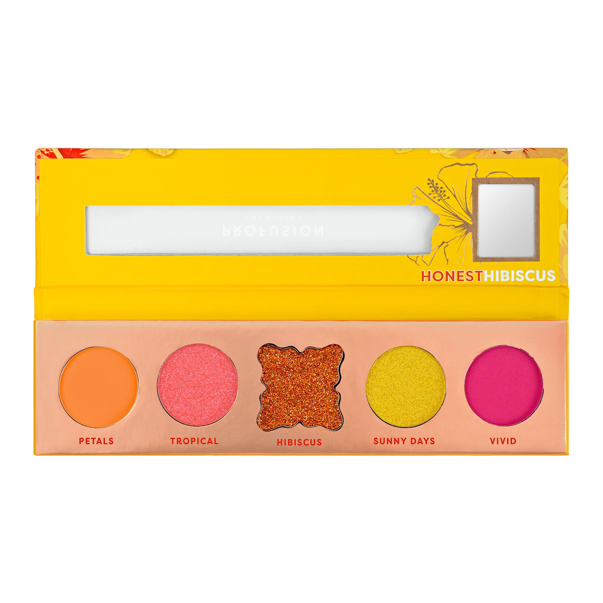 Colorful eyeshadow palette from Profusion Cosmetics' Blooming Hues Collection, featuring vibrant shades and floral-inspired packaging.