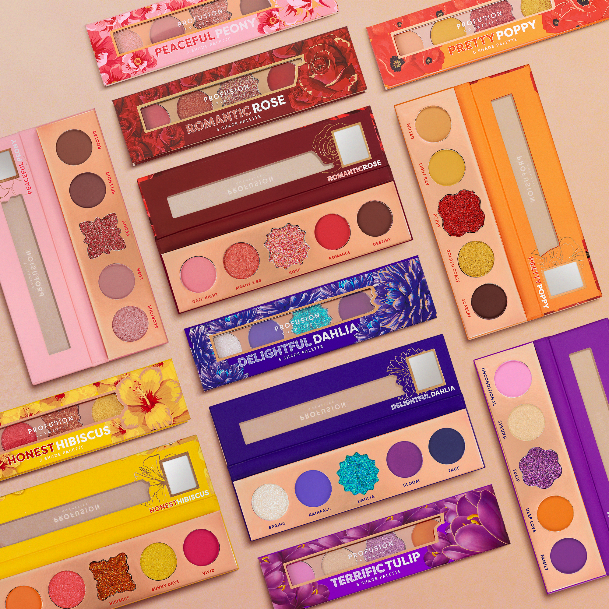 Profusion Cosmetics Blooming Hues Collection makeup palette with colorful eyeshadows and blush shades in a sleek compact.