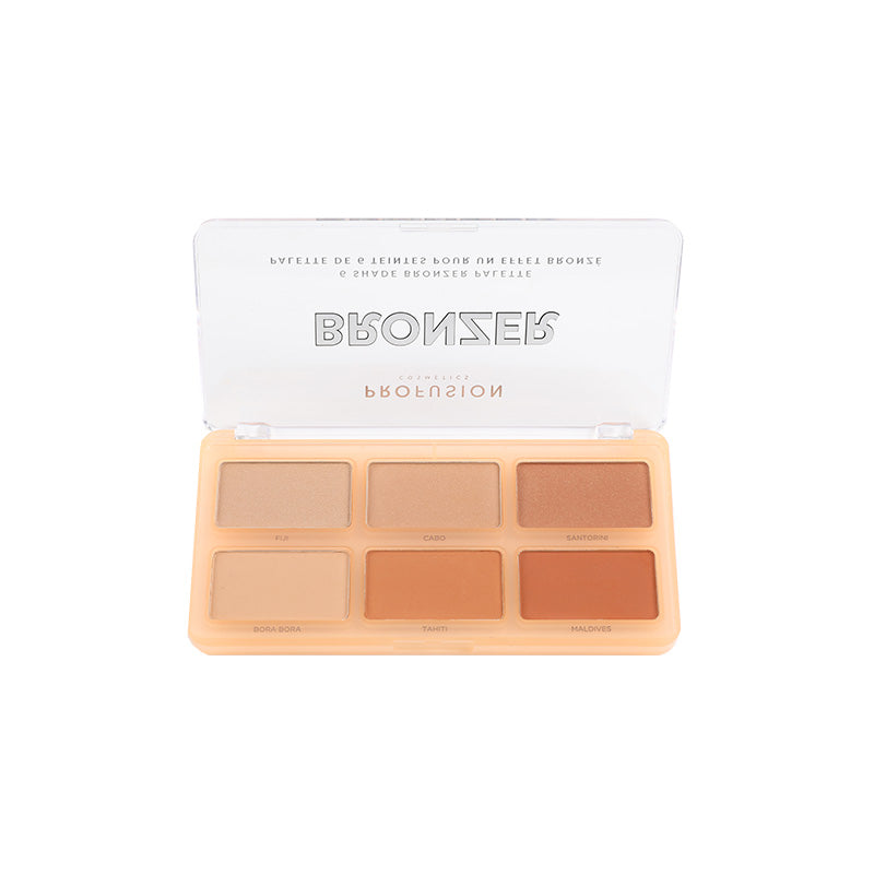 Profusion Cosmetics bronzer face palette with six shades, featuring a variety of warm-toned powders for bronzing and contouring.