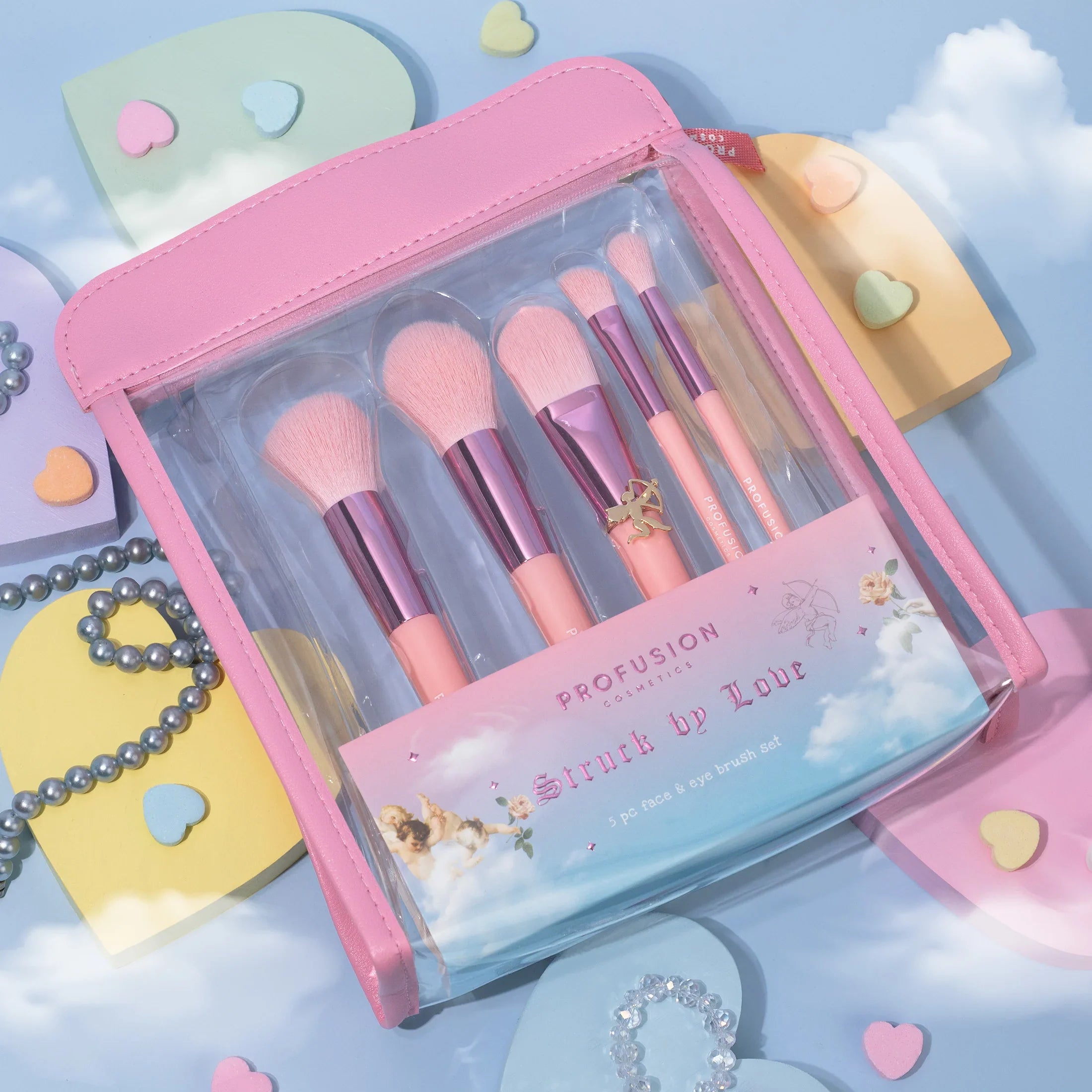 Profusion Cosmetics Dear Cupid Struck By Love 5-piece face and eye brush set with soft handles and various brush heads.