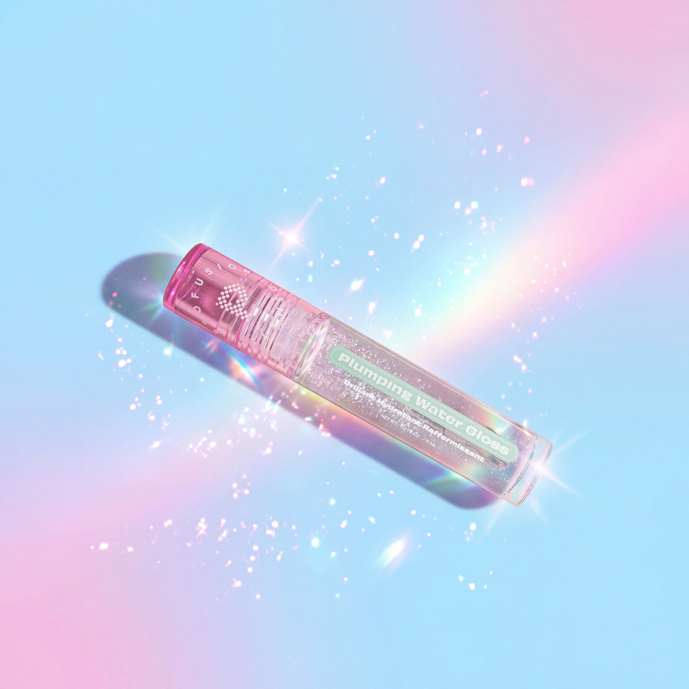 Profusion Cosmetics Dewy Glow Plumping Water Gloss in clear, shiny finish, showing smooth, glossy lips with a hydrated look.