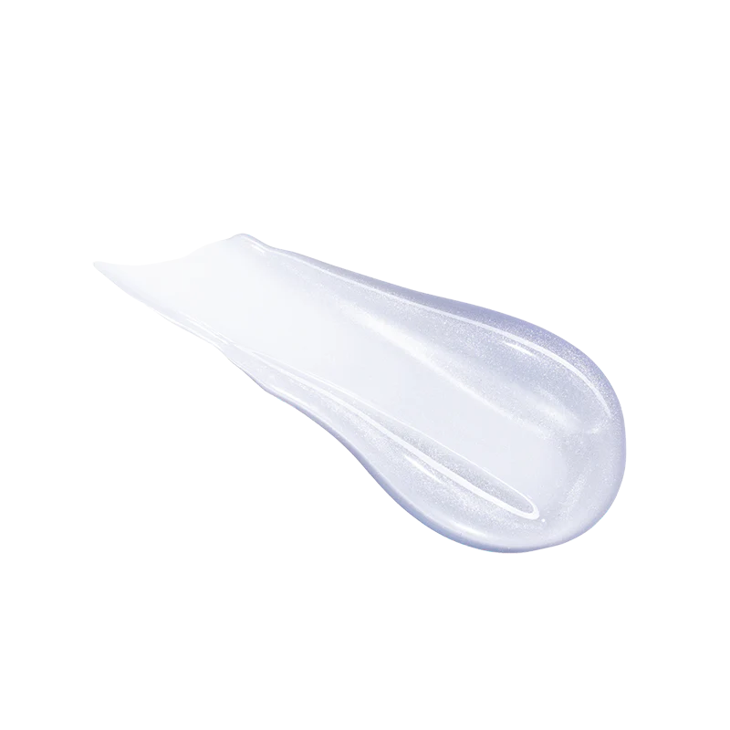 Swatch of Profusion Cosmetics Dewy Glow Plumping Water Gloss showing its glossy, hydrating texture on the skin.