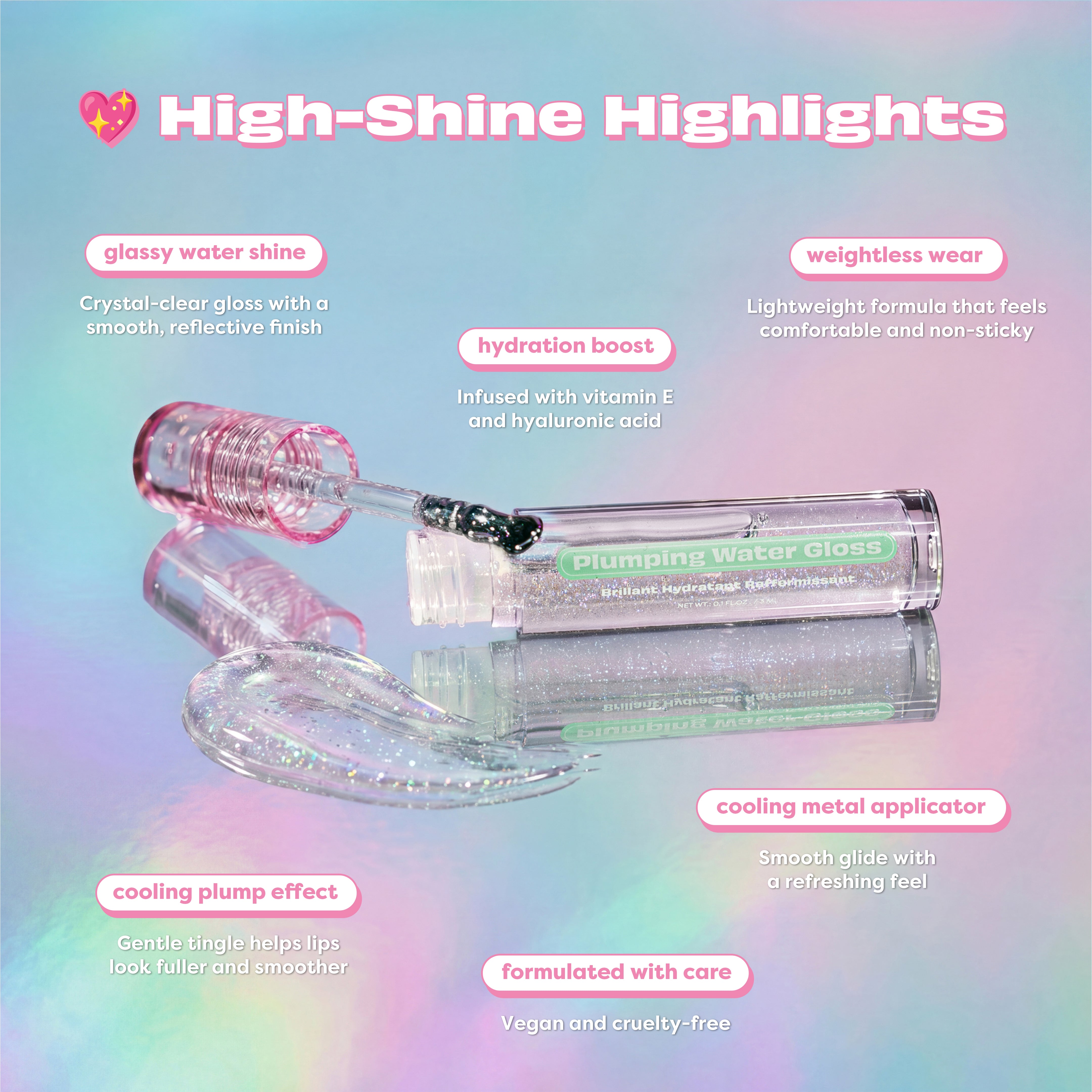Infographic showing Profusion Cosmetics Dewy Glow Plumping Water Gloss with a shiny, hydrating lip finish and vibrant packaging.