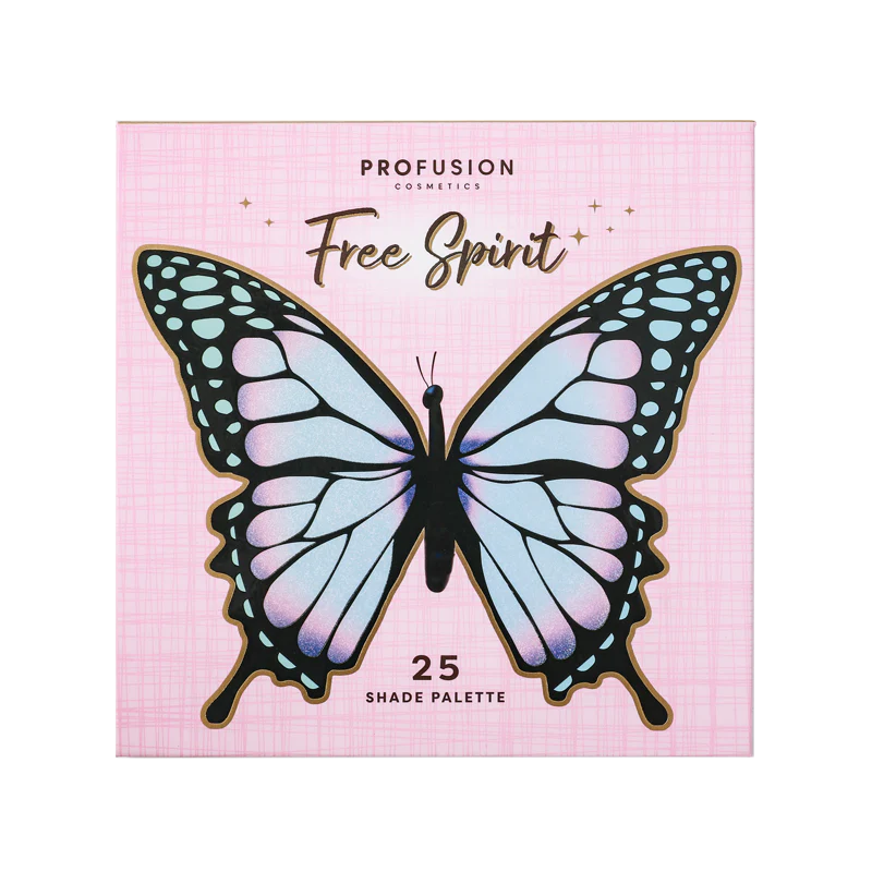Profusion Cosmetics Empowered Butterfly Free Spirit 25-shade eyeshadow palette with vibrant, colorful and neutral eyeshadow options.