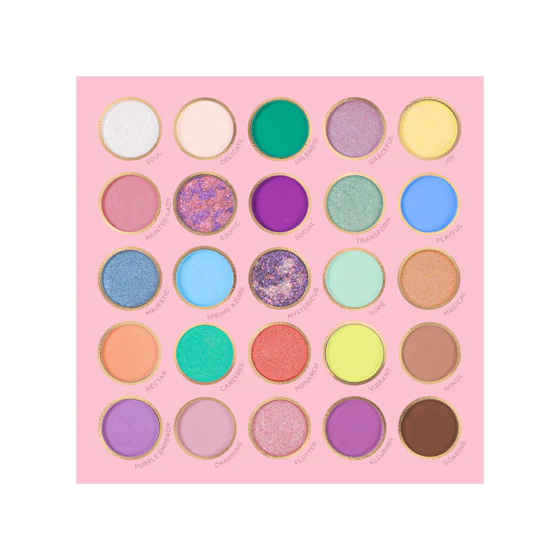 Profusion Cosmetics Empowered Butterfly Free Spirit 25-shade eyeshadow palette with vibrant colorful shades and butterfly-inspired design.