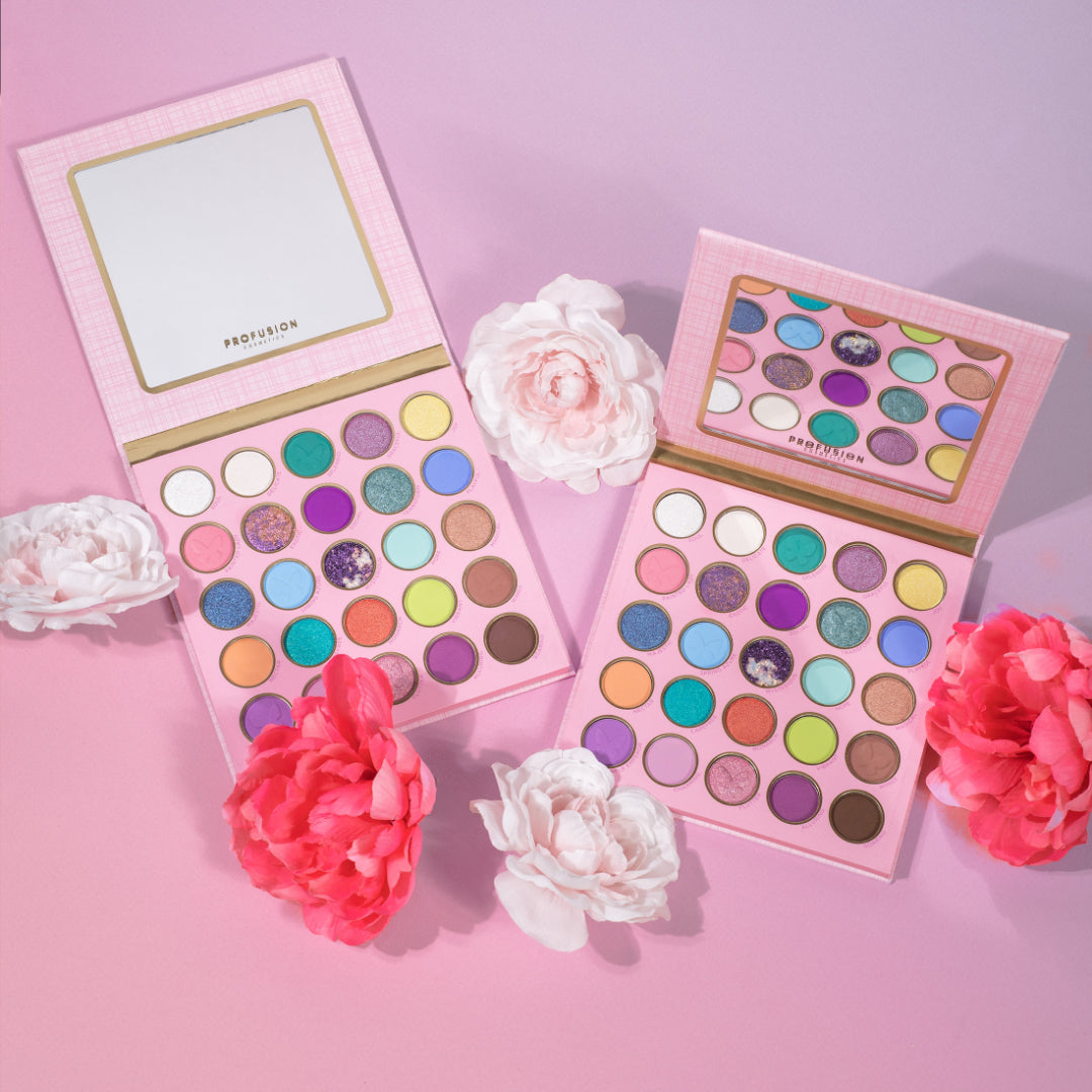 Profusion Cosmetics Empowered Butterfly Free Spirit 25-shade eyeshadow palette with vibrant and neutral colors for creative eye looks.