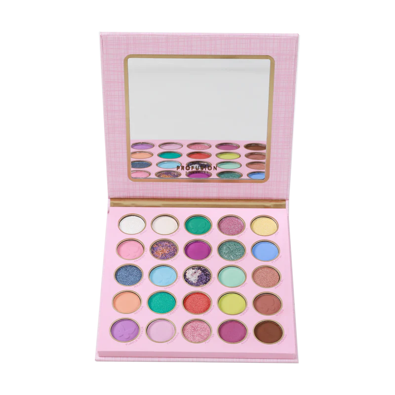 Profusion Cosmetics Empowered Butterfly Free Spirit 25-shade eyeshadow palette with vibrant, colorful eyeshadow pans arranged in a butterfly design.