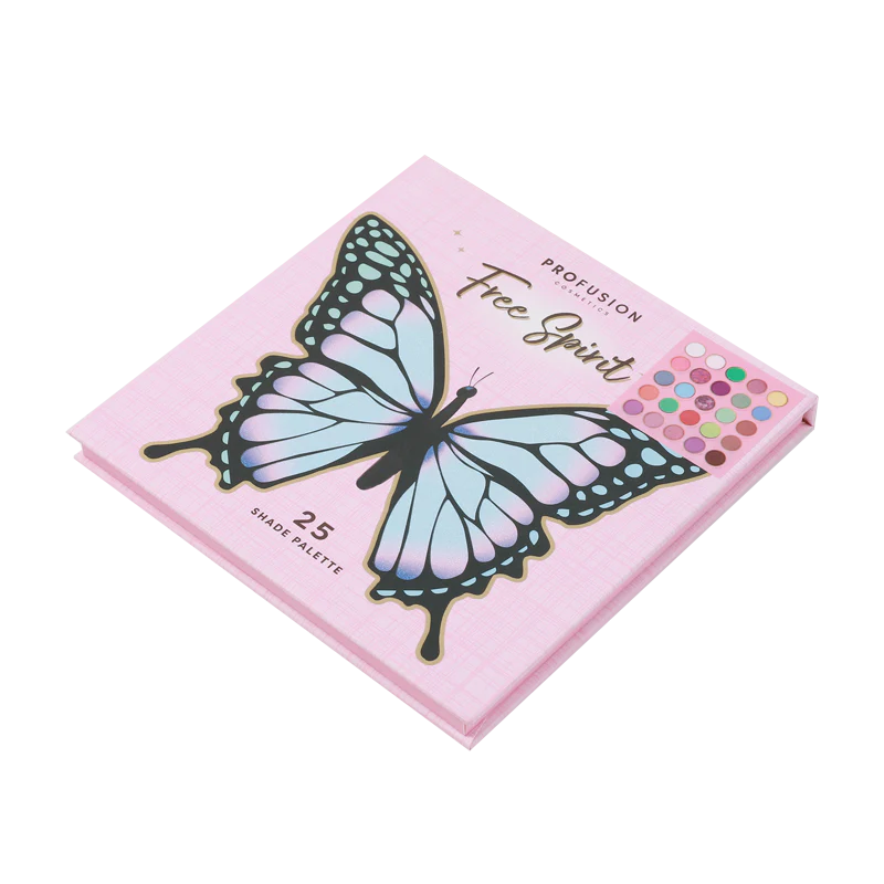Profusion Cosmetics Empowered Butterfly Free Spirit 25-shade eyeshadow palette with vibrant and pastel colors displayed.