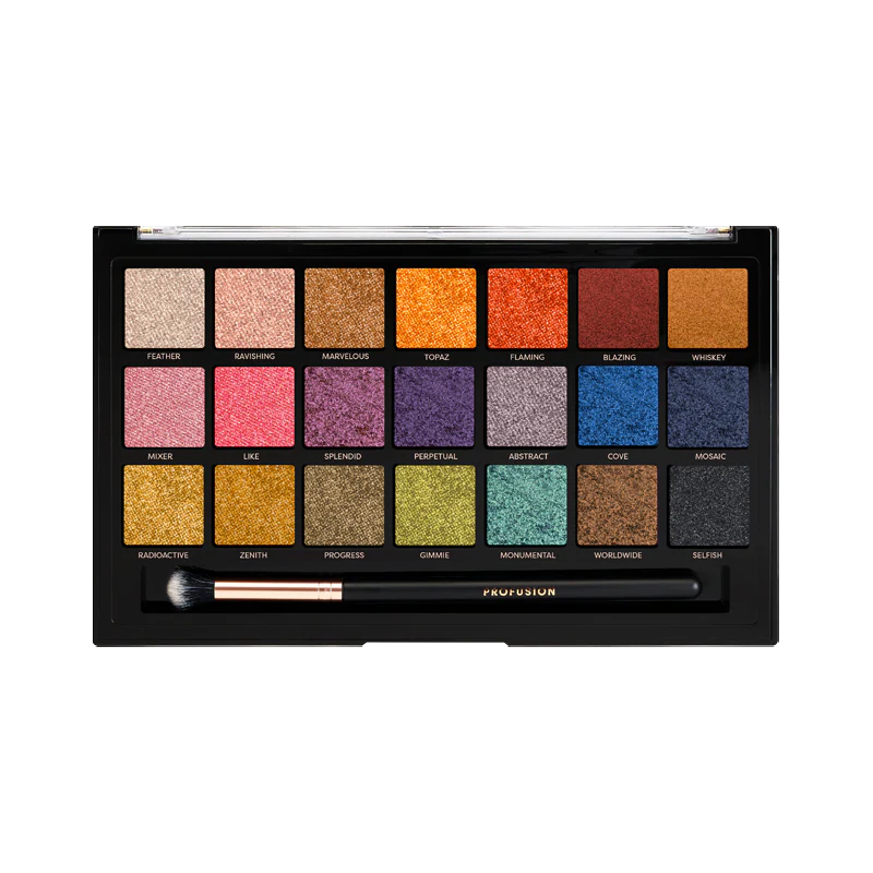 Profusion Cosmetics Enchanted eyeshadow palette with colorful shades and intricate packaging design.