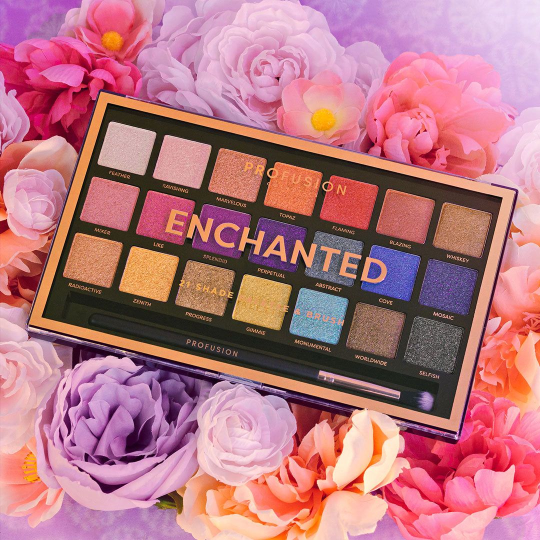 Profusion Cosmetics Enchanted eyeshadow palette with vibrant, shimmering shades in a sleek compact.