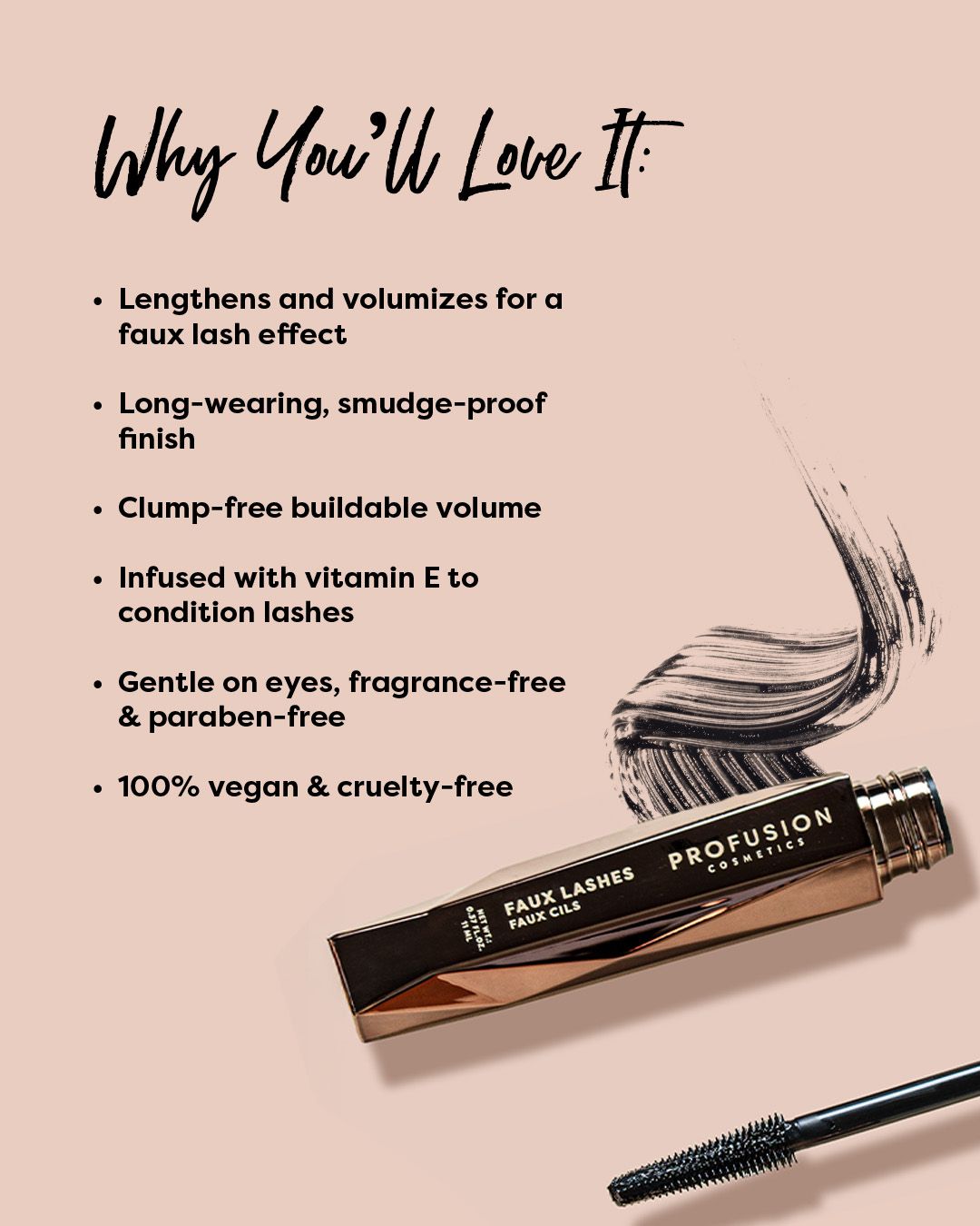 Black faux lashes and lengthening volumizing mascara by Profusion Cosmetics, showcasing bold, full lash look.