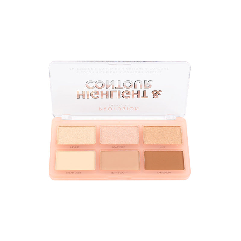 Profusion Cosmetics Highlight & Contour 6 Shade Face Palette with various powders for sculpting and highlighting the face.