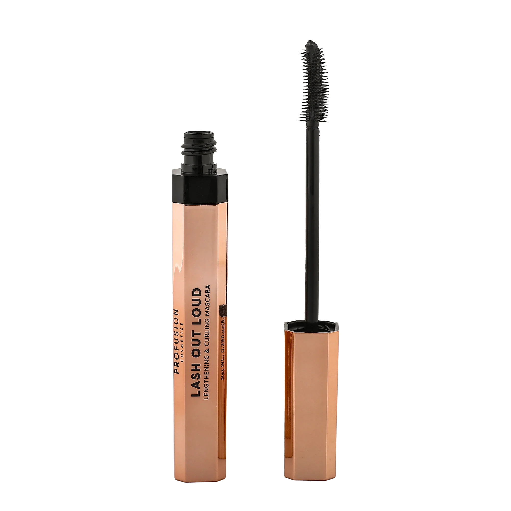 Profusion Cosmetics Lash Out Loud lengthening and curling mascara in black, showing the mascara wand and brush applicator.