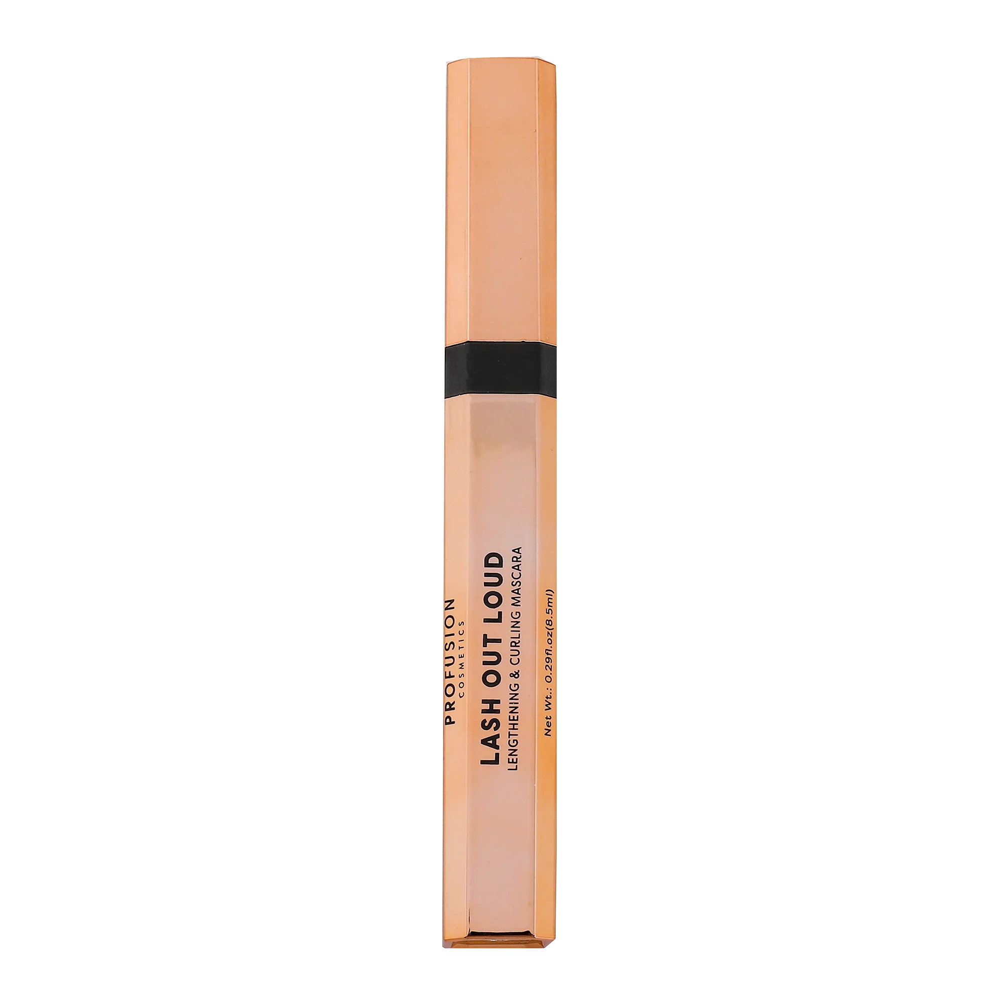 Profusion Cosmetics Lash Out Loud lengthening and curling mascara in black, showing the mascara wand and brush application.