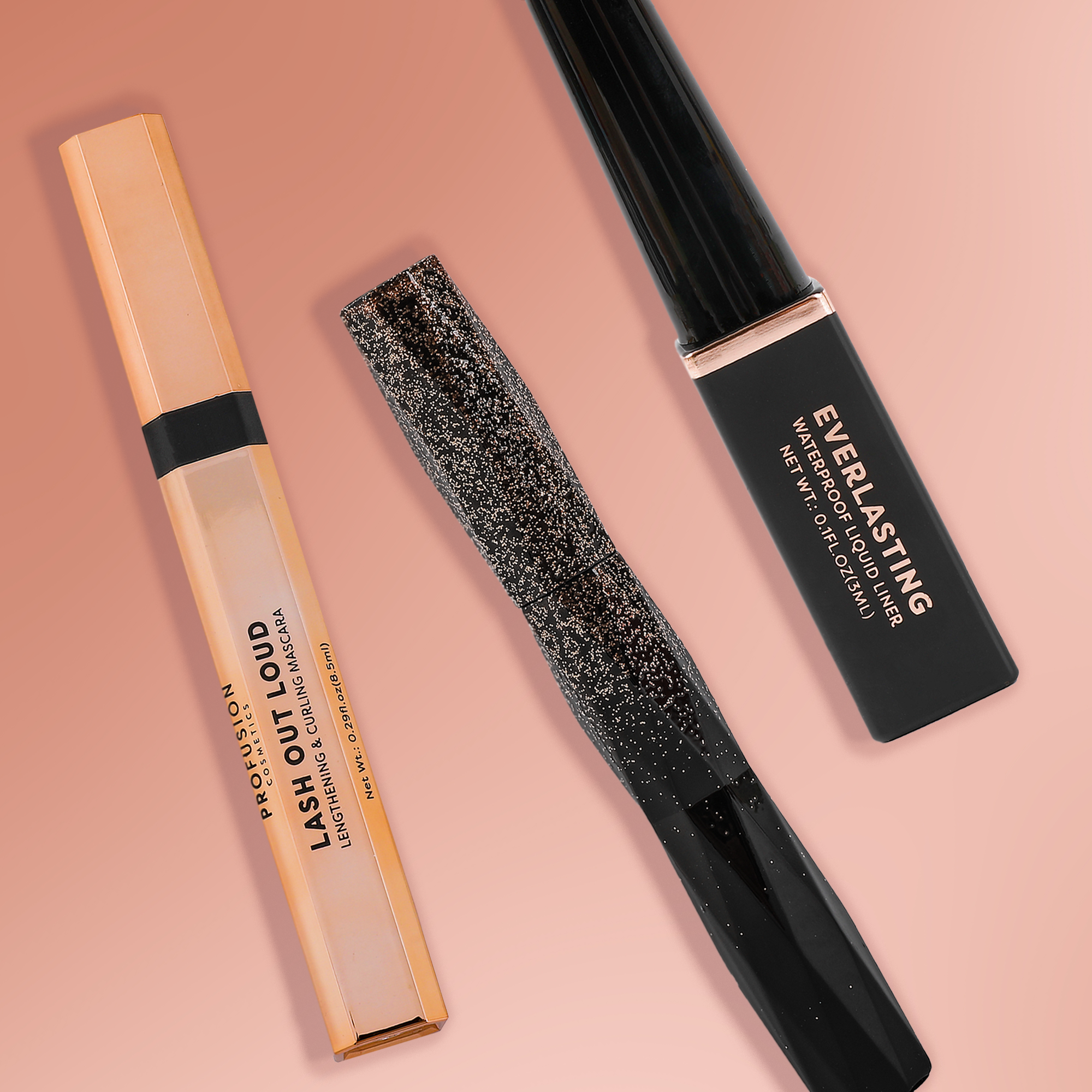 Profusion Cosmetics Lash Out Loud lengthening and curling mascara in black, with a close-up of the mascara brush and tube.