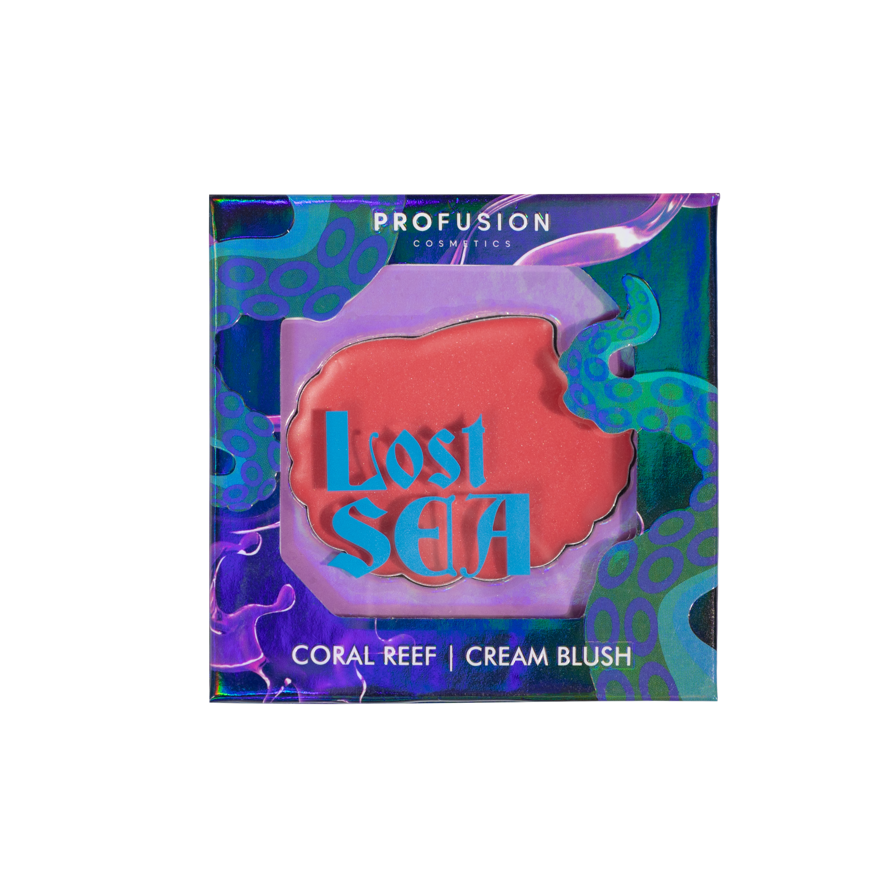 Profusion Cosmetics Lost Sea Shell Shaped Cream Blush in Coral Reef, showcasing the shell design and vibrant coral color.
