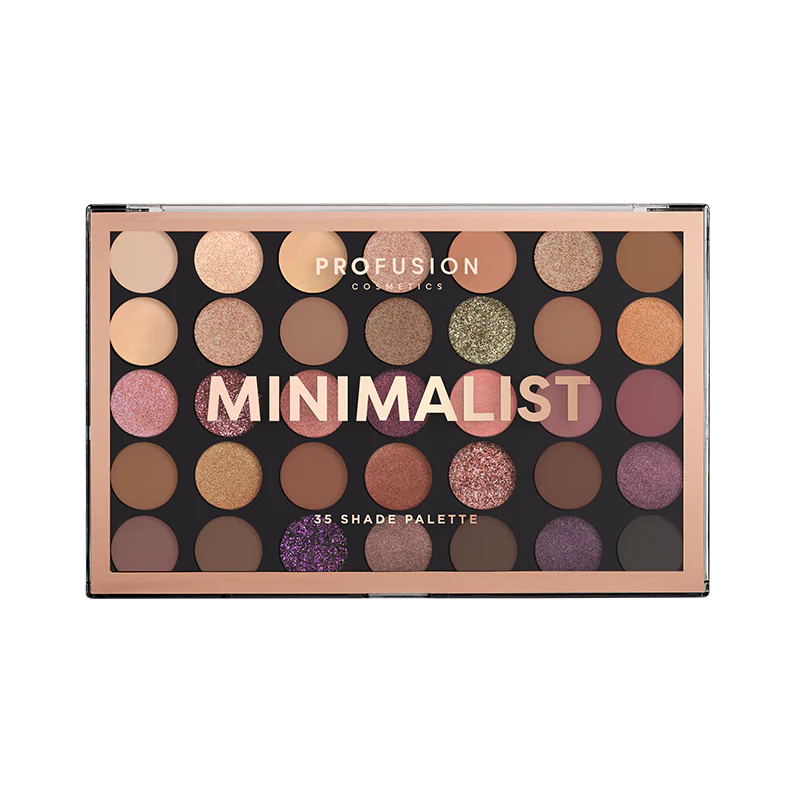 Profusion Cosmetics minimalist 35-shade eyeshadow palette with neutral and vibrant colors arranged in sleek packaging.