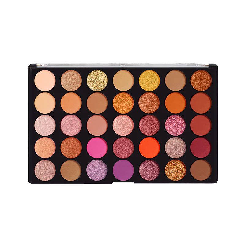 Profusion Cosmetics Mirage eyeshadow palette with vibrant shades in a sleek compact, displayed open showing colorful eyeshadow pans.