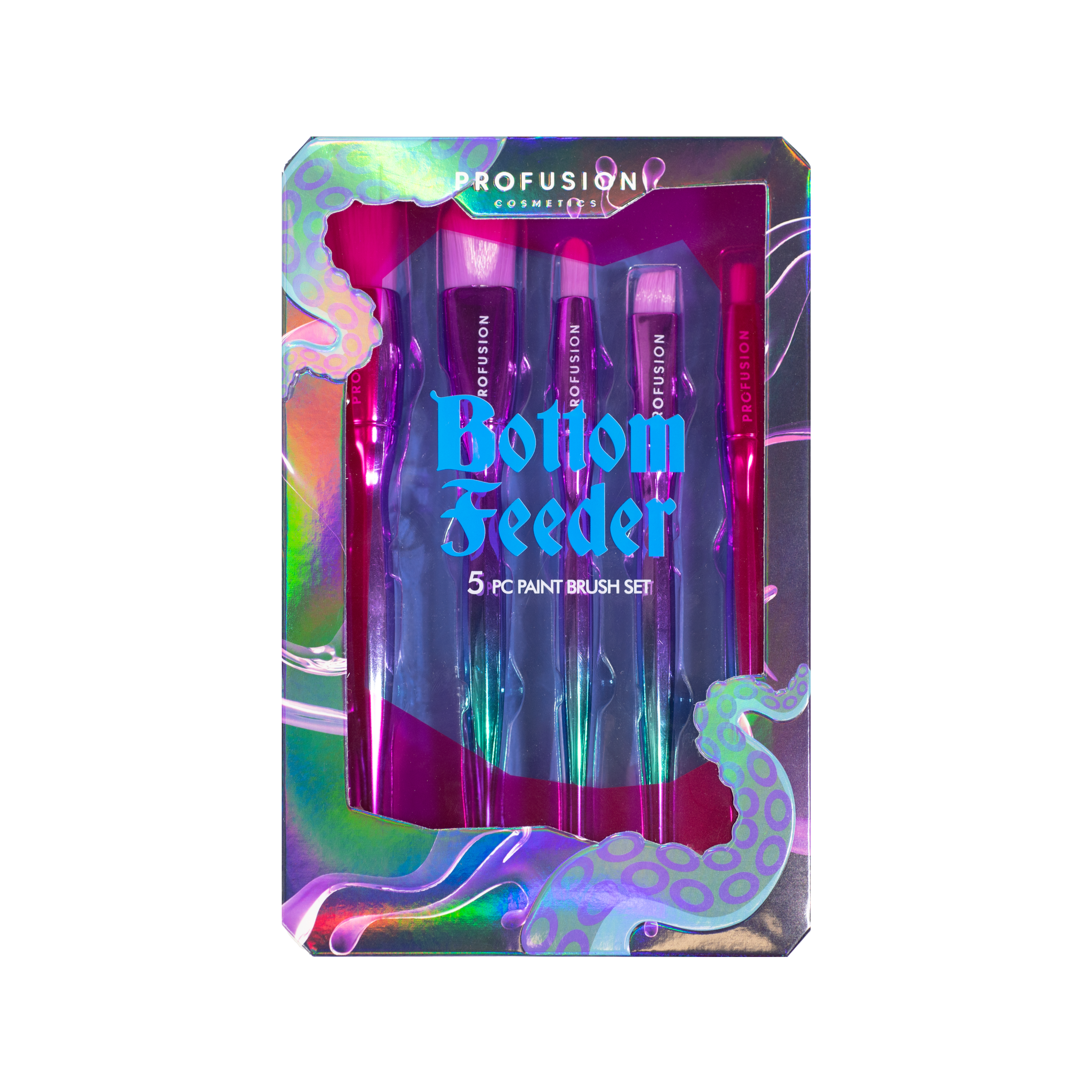 Sea Witch Eye and Face Brush Set by Profusion Cosmetics featuring various brushes with black handles and colorful bristle tips.