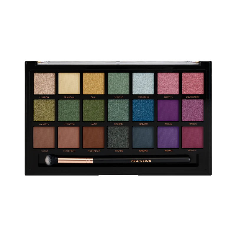 Wanderlust by Profusion Cosmetics eyeshadow palette with vibrant and neutral shades in a sleek, compact case.