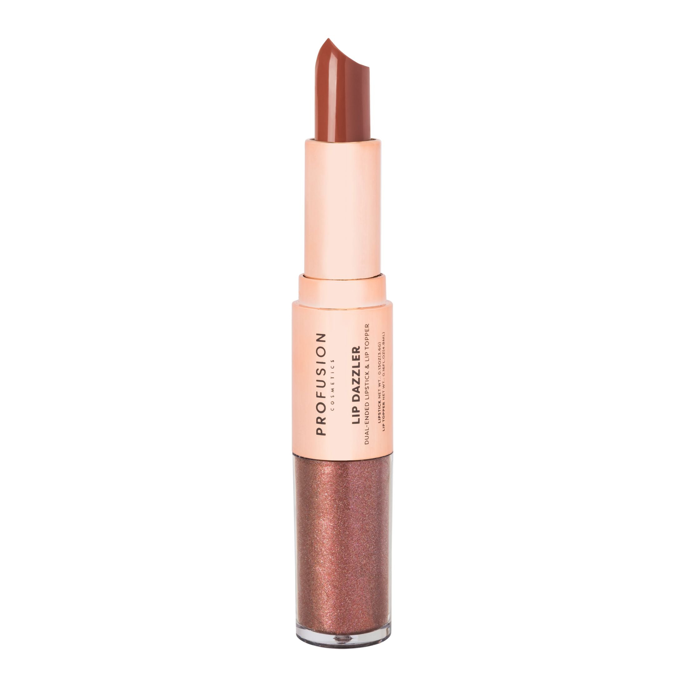 Profusion Cosmetics Lip Dazzlers in divine sparkle with shimmering, glossy finish, showcasing vibrant lip color and sparkle details.