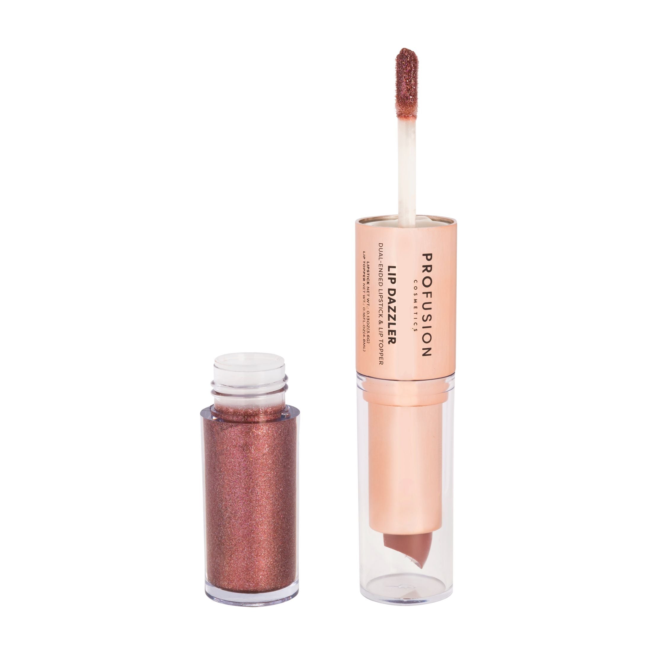 Profusion Cosmetics Lip Dazzlers with shimmering, glittery finish, featuring a close-up of the sparkling lip gloss tube.