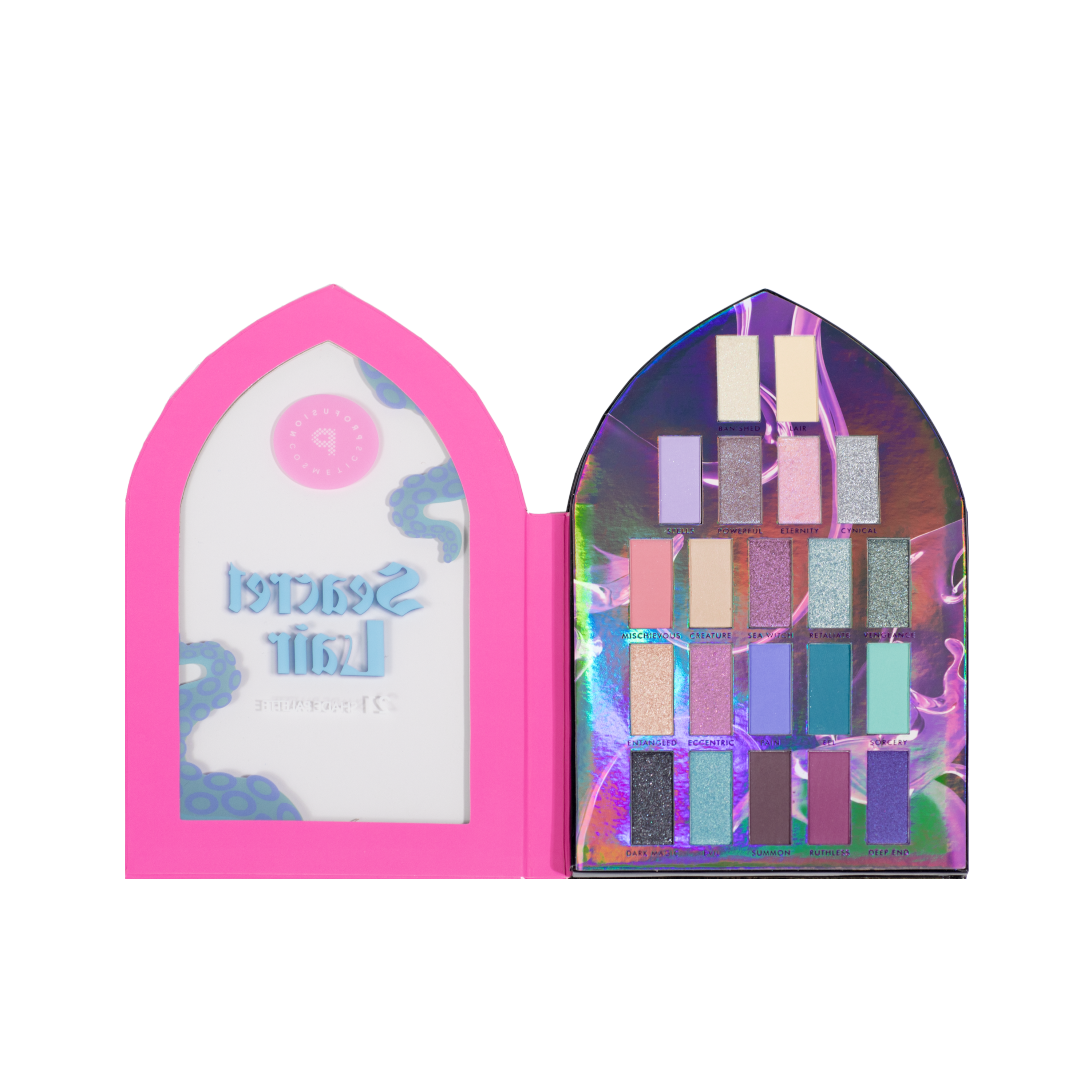 Profusion Cosmetics 21-shade Sea Witch eye palette with vibrant blue, green, and neutral eyeshadows arranged in a rectangular palette.