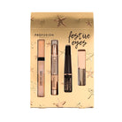 Profusion Cosmetics Crimson Festive Eyes 4-piece eye set with vibrant eyeshadows and eye makeup products on a neutral background.