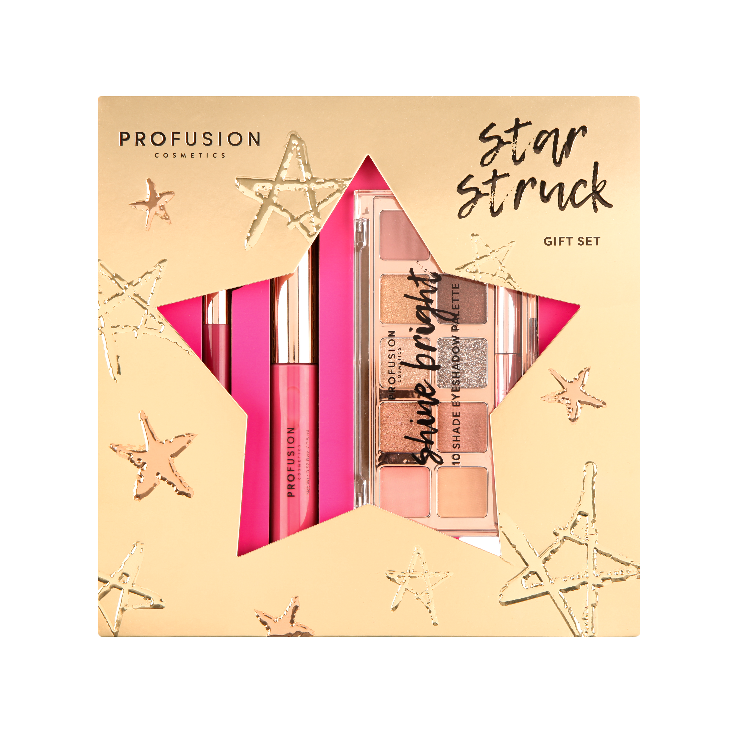 Profusion Cosmetics Crimson Star Struck 4-piece face and eye set with vibrant eye shadows and face products displayed on a neutral background.