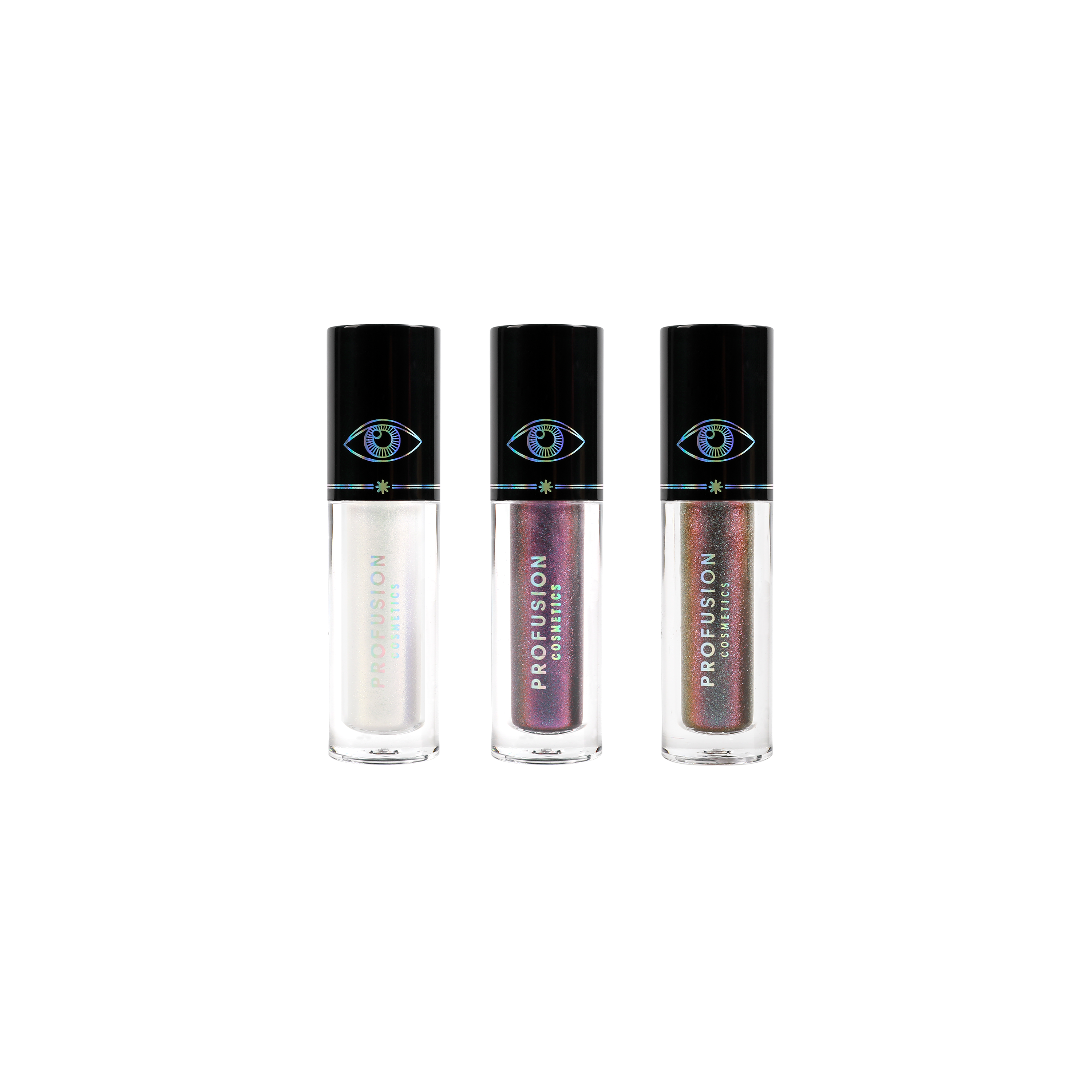 Profusion Cosmetics Evil Eye Chrome Liquid Topper Set featuring eye makeup toppers with metallic, reflective chrome finish.