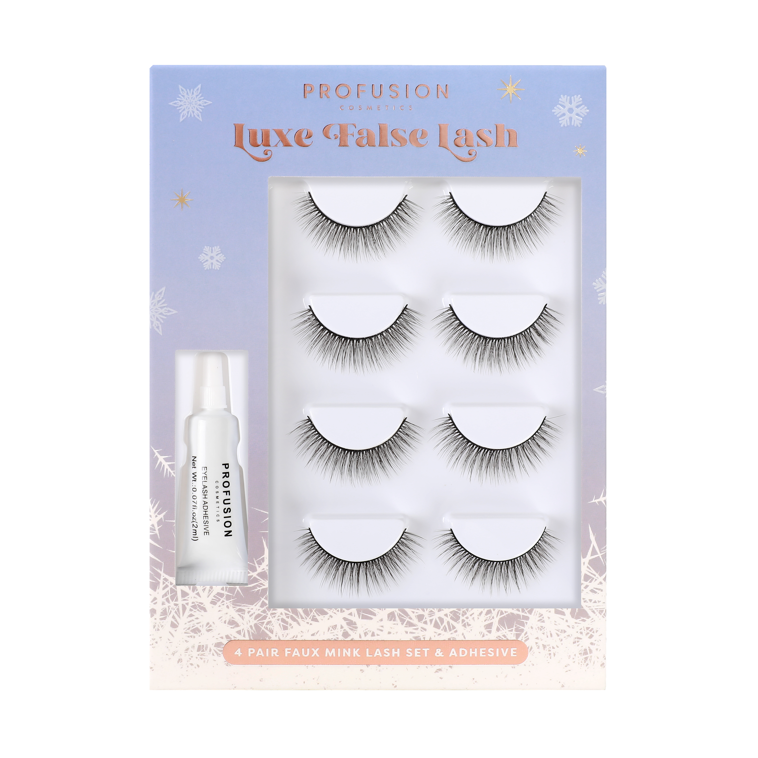 Frosted Snow Sparkle false eye lashes set with four pairs of luxe, sparkly lashes by Profusion Cosmetics.
