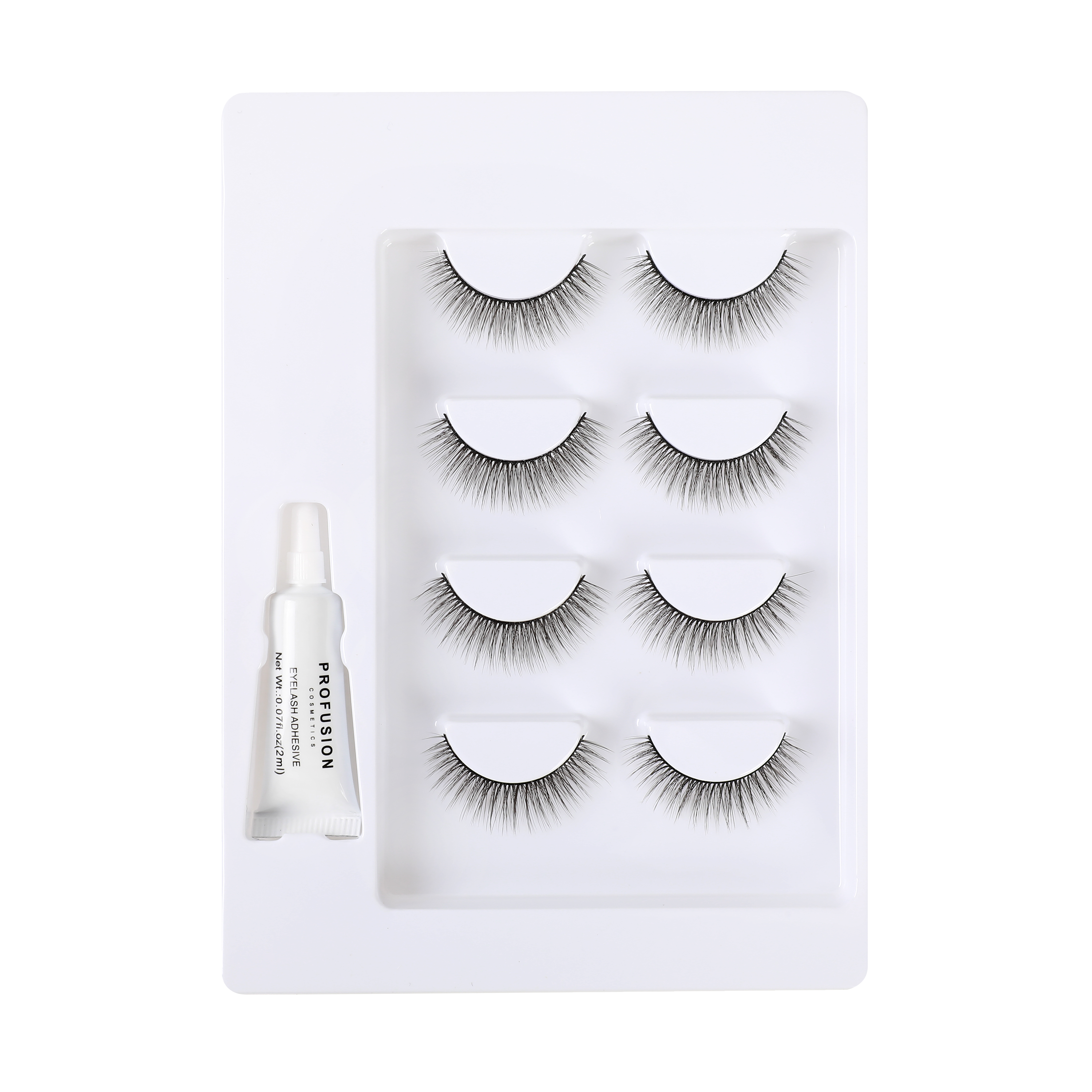 Profusion Cosmetics Frosted Snow Sparkle false eyelash set with four pairs of luxe, sparkling eye lashes on a white background.