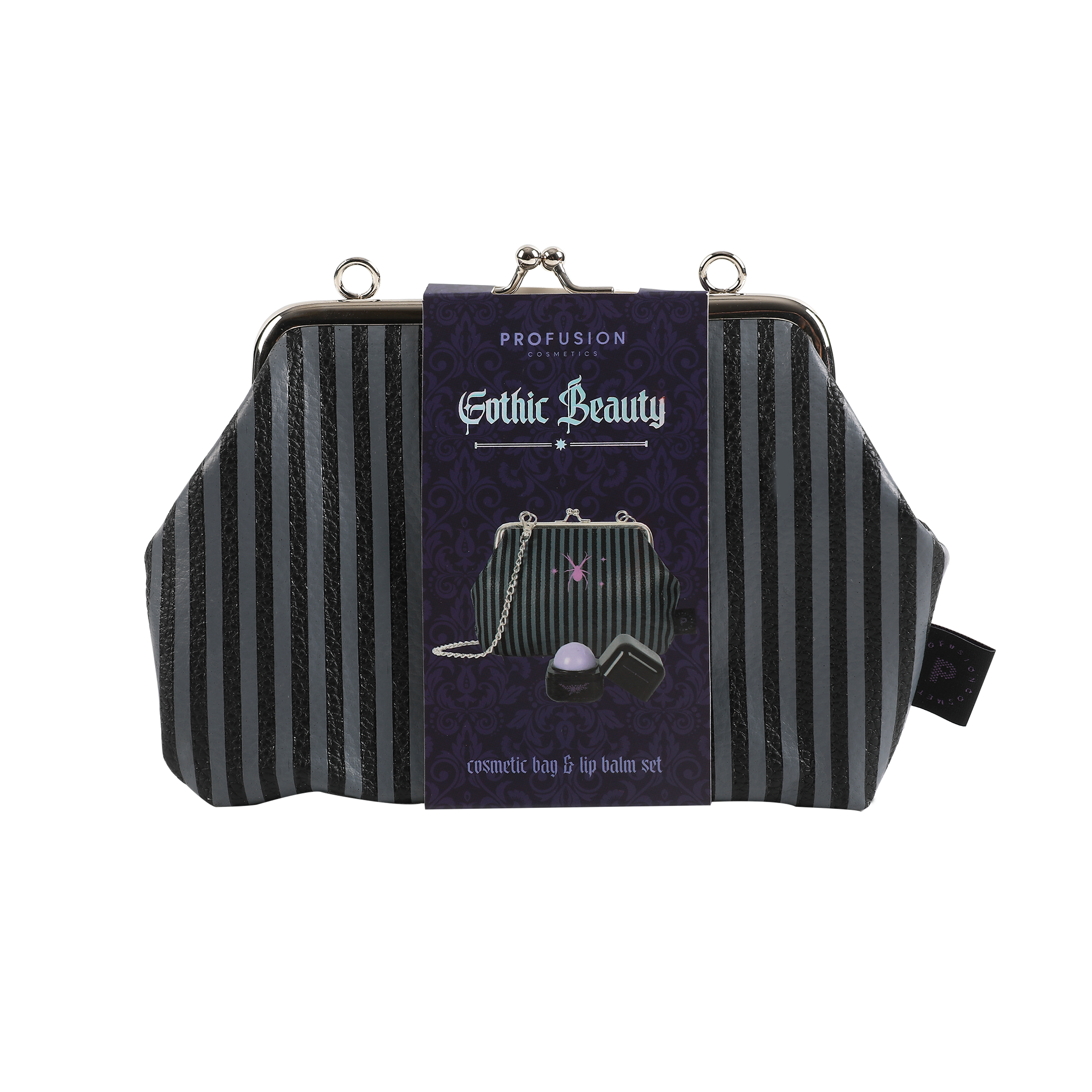 Profusion Cosmetics Gothic Beauty cosmetic bag with eye makeup and lip balm set, featuring dark, stylish design and eye-catching details.