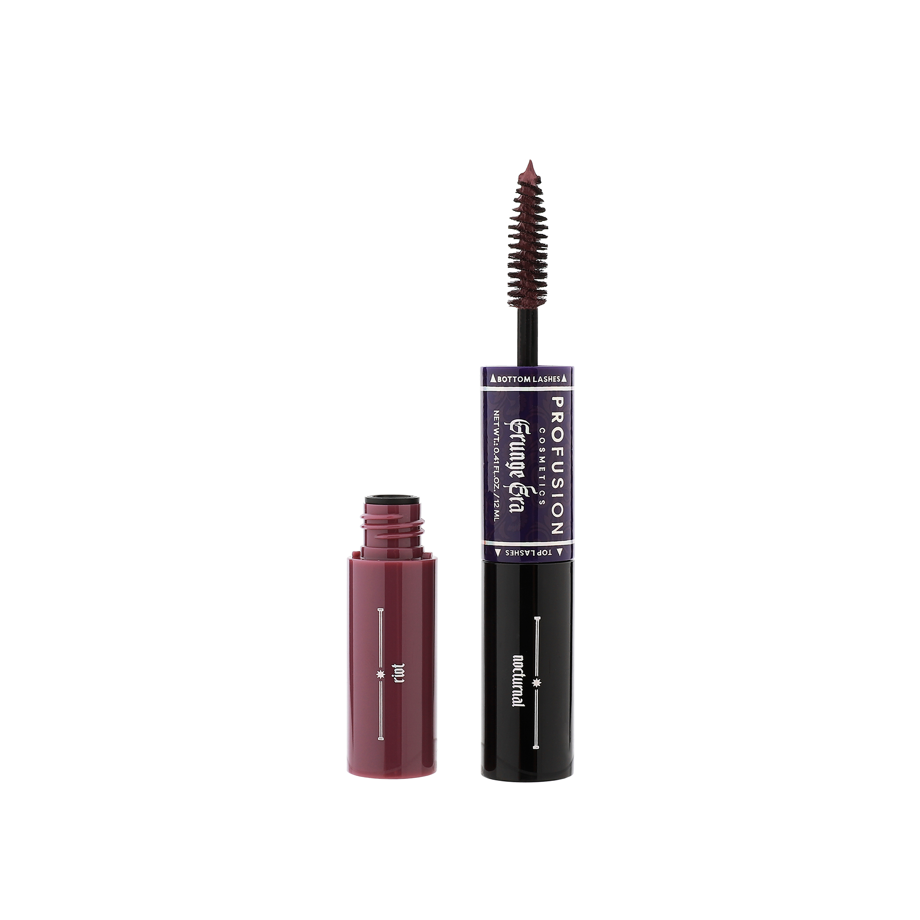 Profusion Cosmetics Grunge Era Mascara Duo for eyes, featuring two different mascara brushes and black mascara formulas.