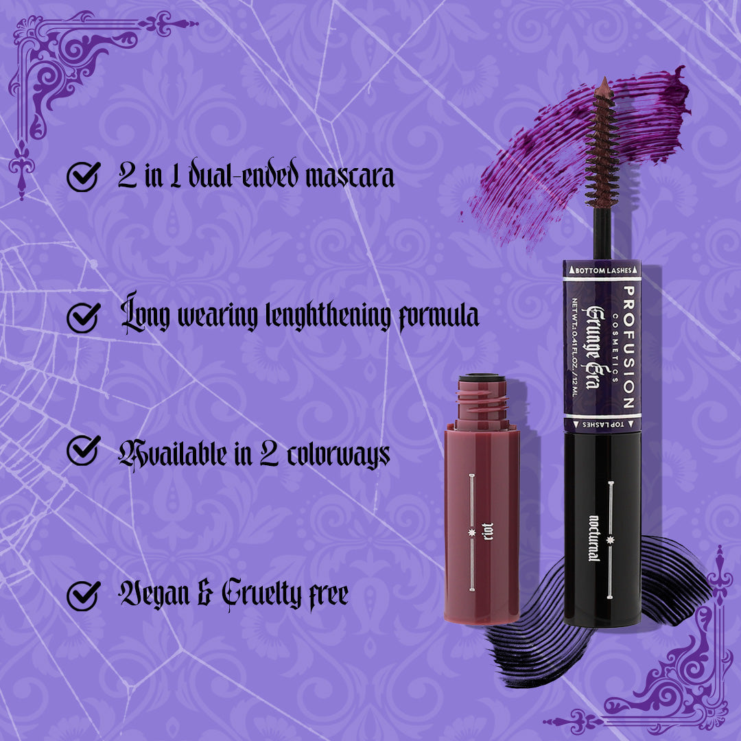 Profusion Cosmetics Grunge Era mascara duo for eye makeup, featuring two different mascara tubes with bold, edgy packaging.