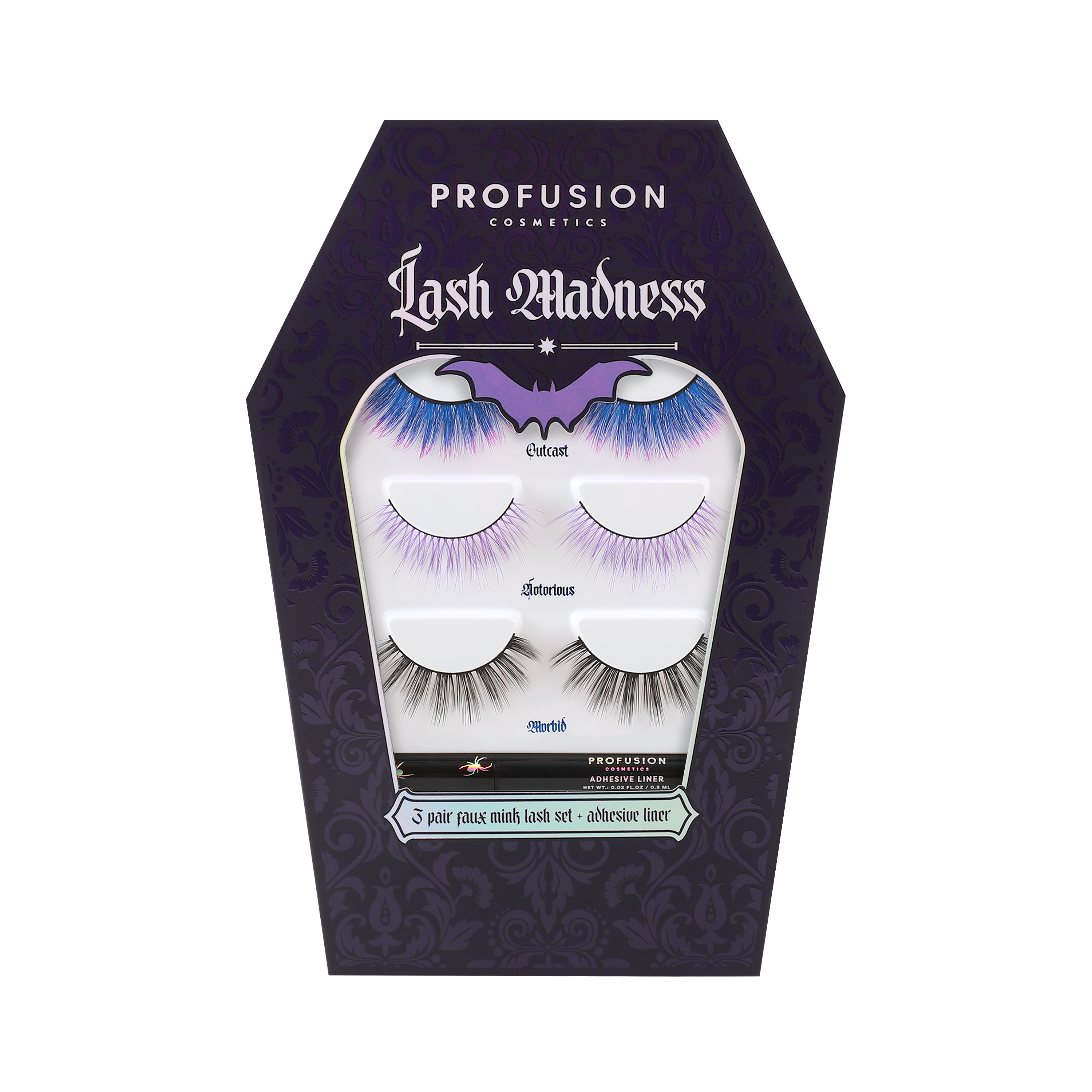 Profusion Cosmetics Lash Madness faux mink lash set with adhesive, three pairs of eye lashes displayed on a white background.