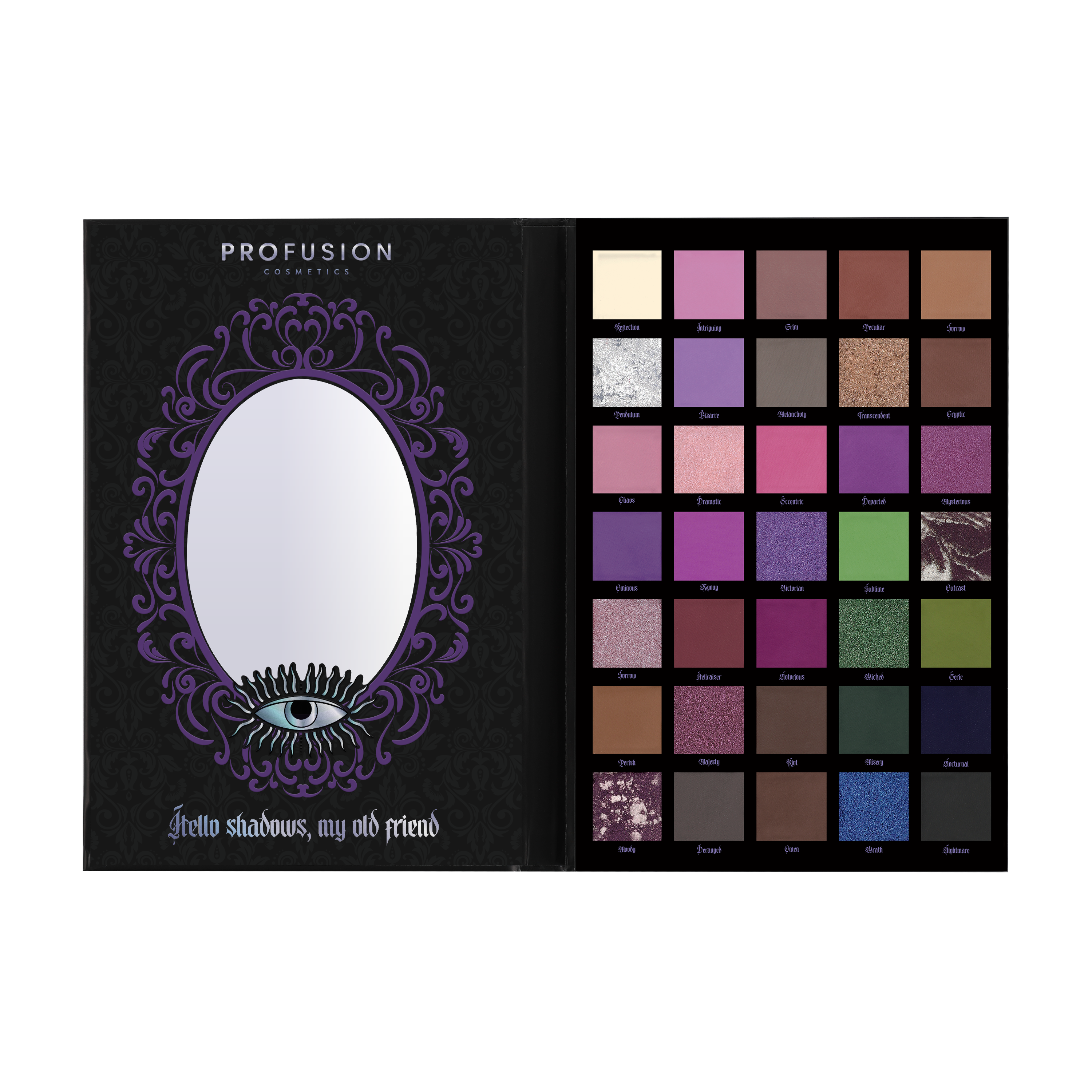 Profusion Cosmetics Moonlight Magic 35 Shade Eye Palette with a variety of colorful eyeshadow pans displayed open.
