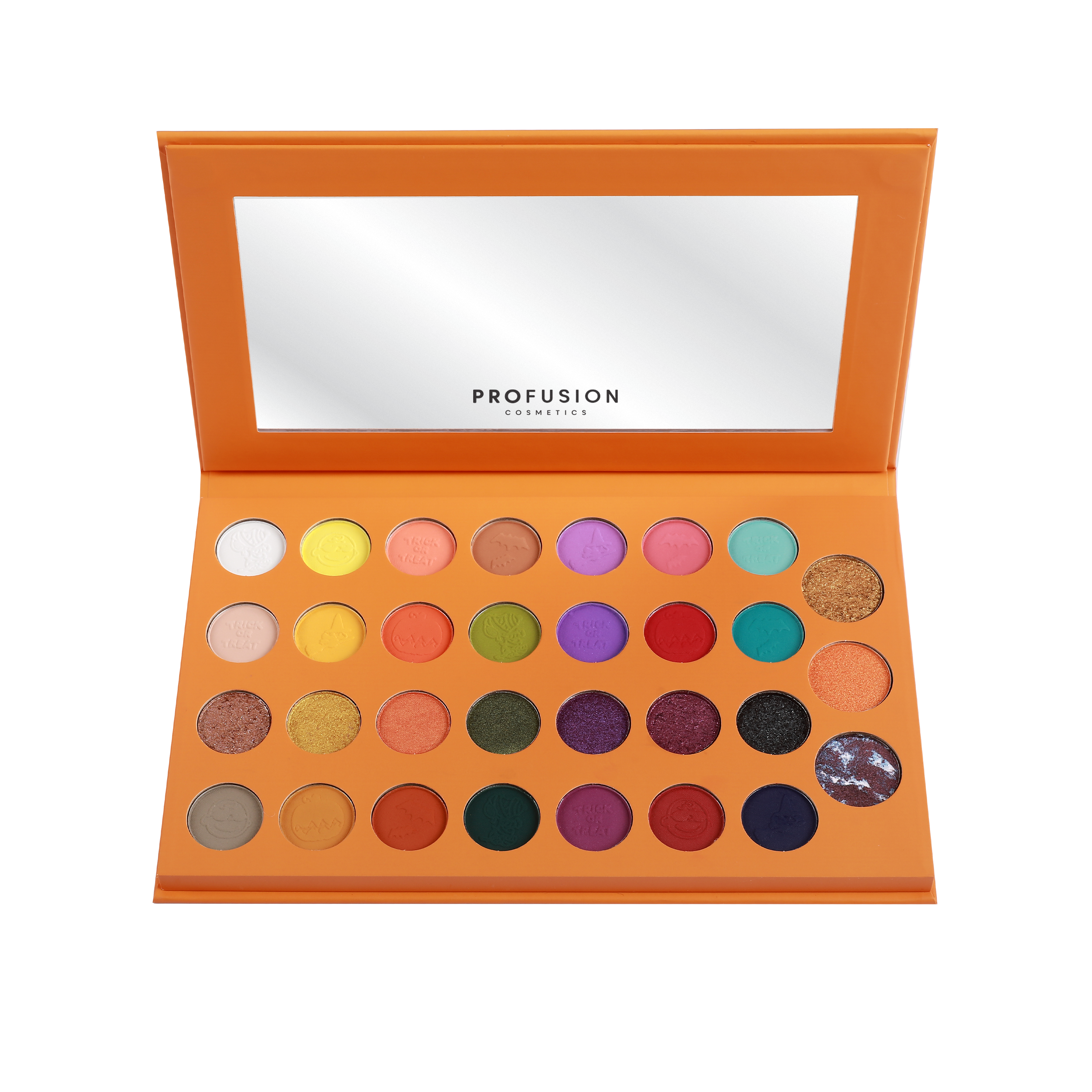 Profusion Cosmetics Peanuts Halloween Trick or Treat 31-shade eye palette with colorful eyeshadow shades and themed packaging.