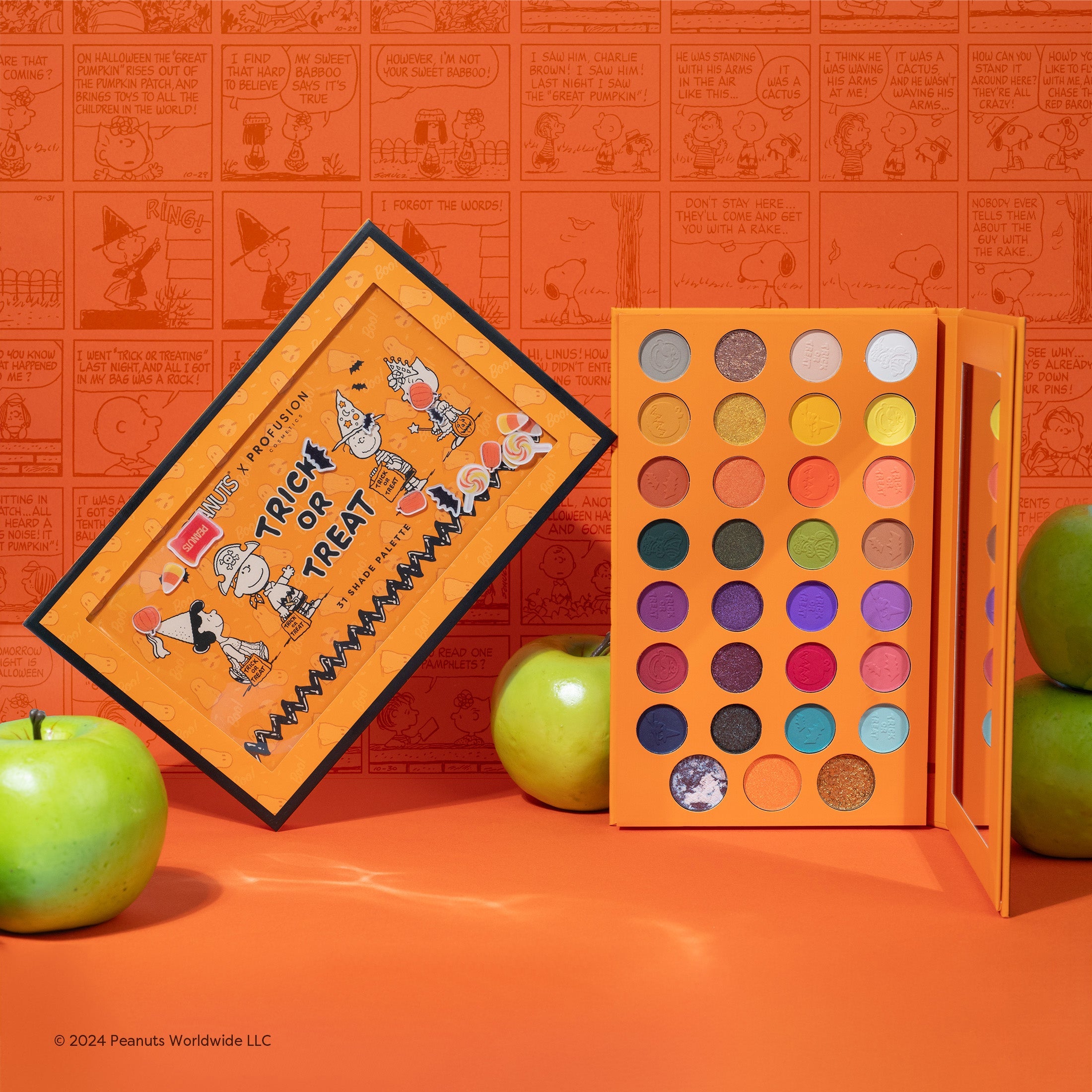 Profusion Cosmetics Peanuts Halloween Trick or Treat 31-shade eye palette with colorful eye shadow shades for festive makeup looks.