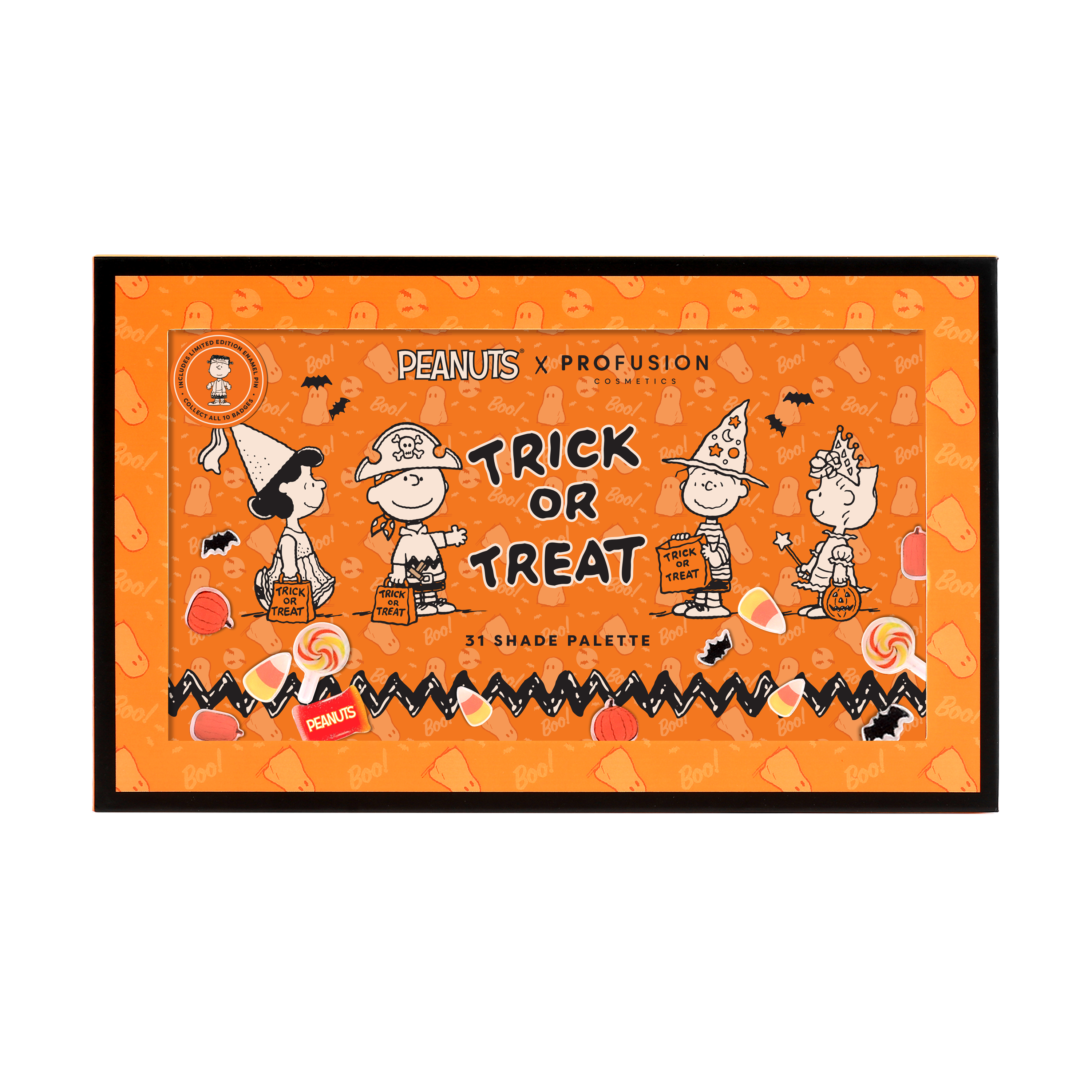 Profusion Cosmetics Peanuts Halloween Trick or Treat 31-shade eye palette with colorful eyeshadow shades and Halloween-themed packaging.