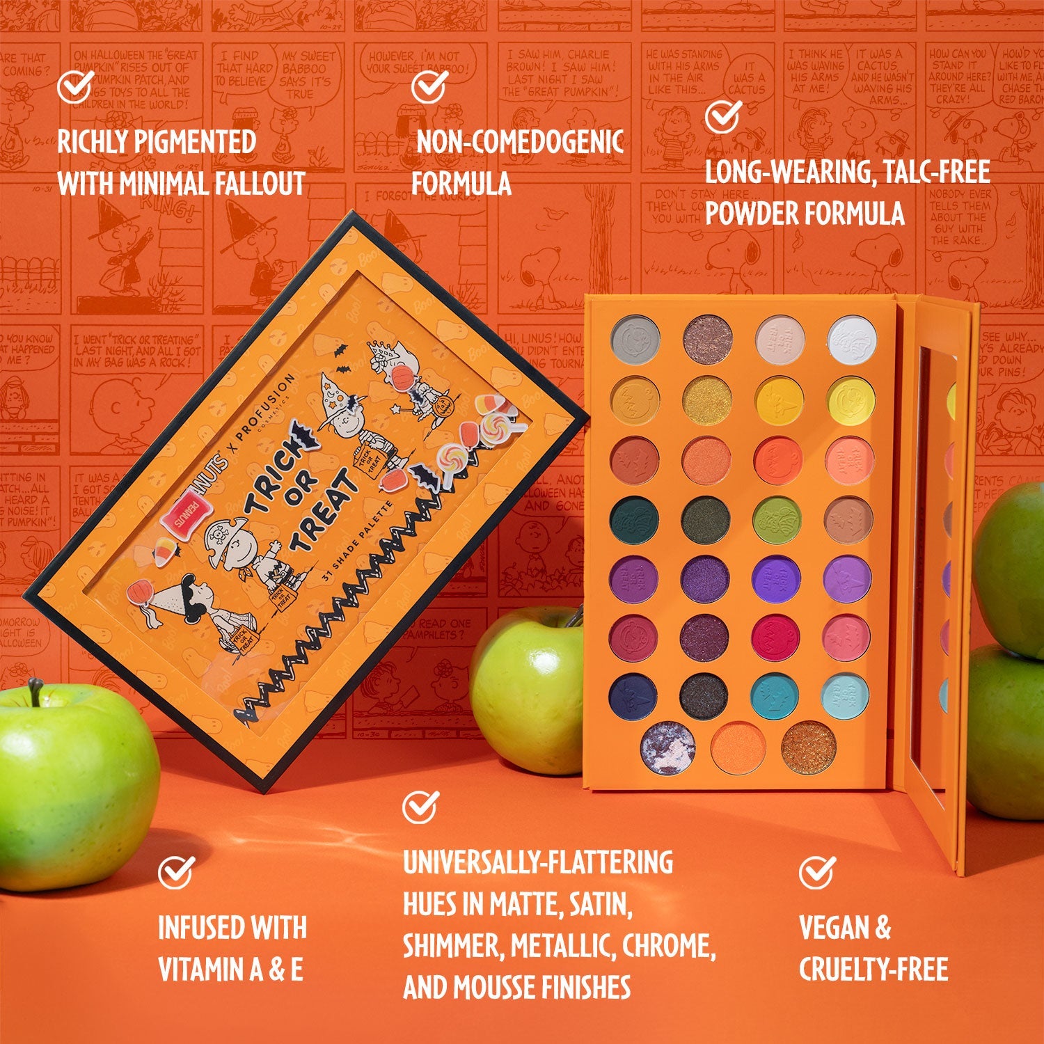 Profusion Cosmetics Peanuts Halloween Trick or Treat 31-shade eye palette with colorful eyeshadow shades for festive looks.