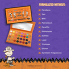 Profusion Cosmetics Peanuts Halloween Trick or Treat 31-shade eye palette with colorful eyeshadow shades and themed packaging.