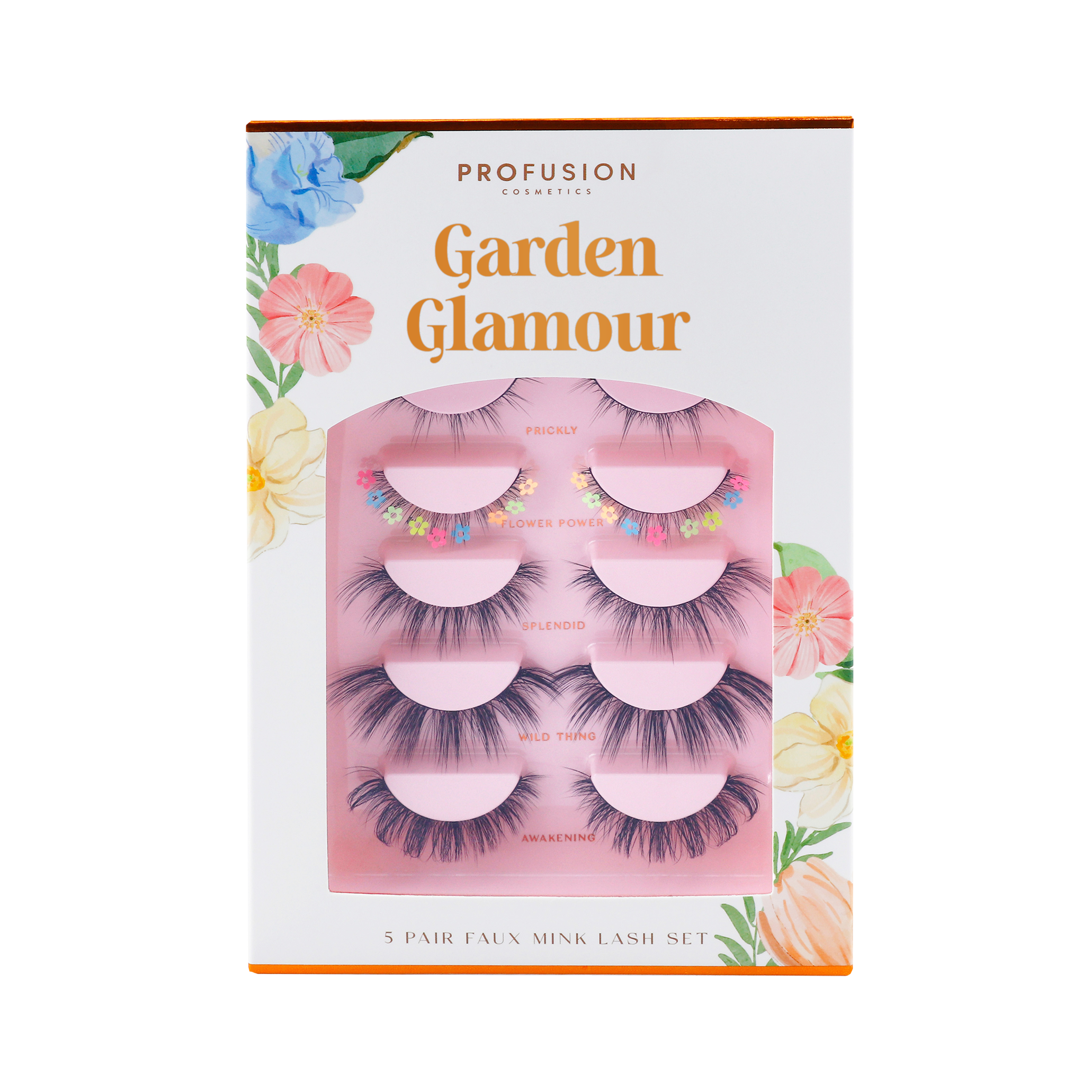 Profusion Cosmetics Petal Perfect Garden Glamour faux mink eyelash set with 5 pairs, natural and voluminous eye lash look.