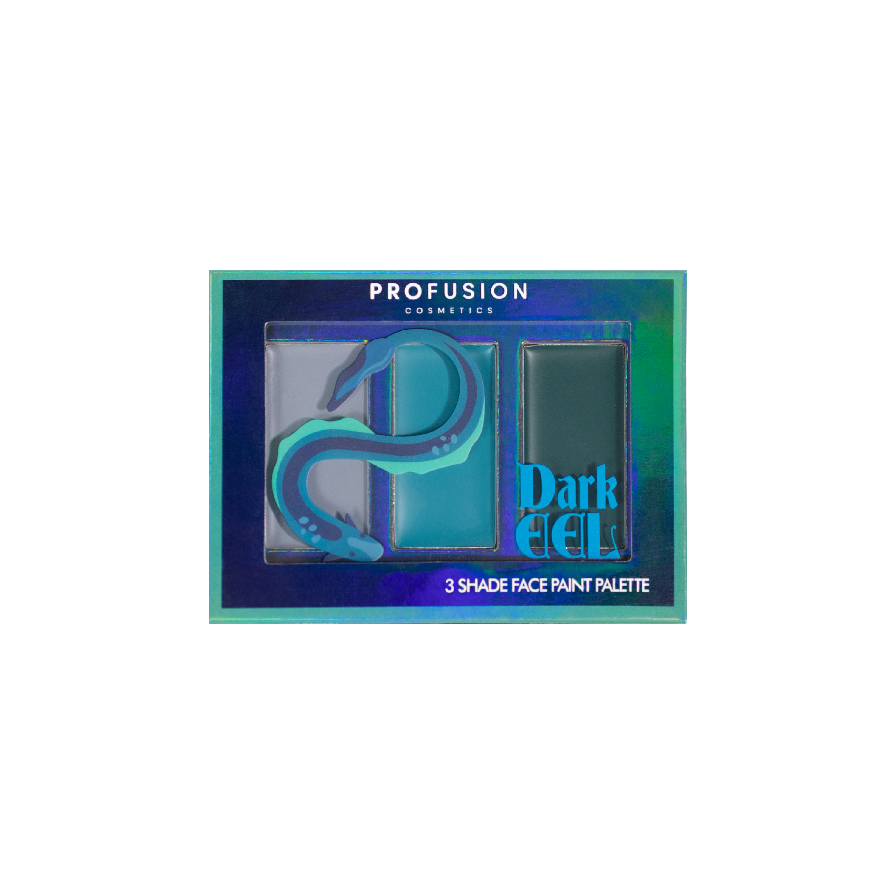 Profusion Cosmetics Sea Witch face paint in dark eel, eye makeup with ocean-inspired dark teal and black tones.