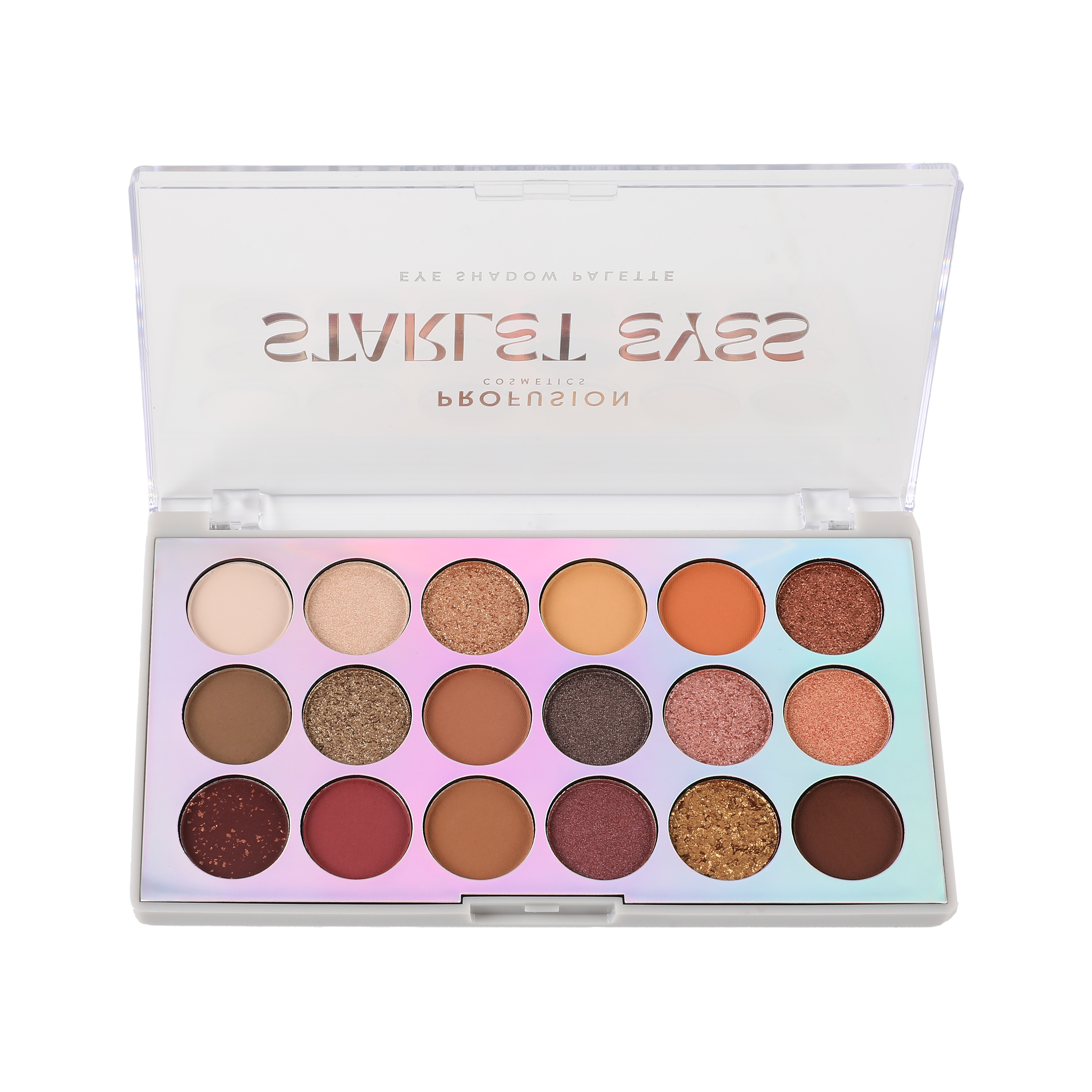 Profusion Cosmetics Starlet Eyes 5-piece eye palette and brush set with colorful eyeshadows and applicators displayed.