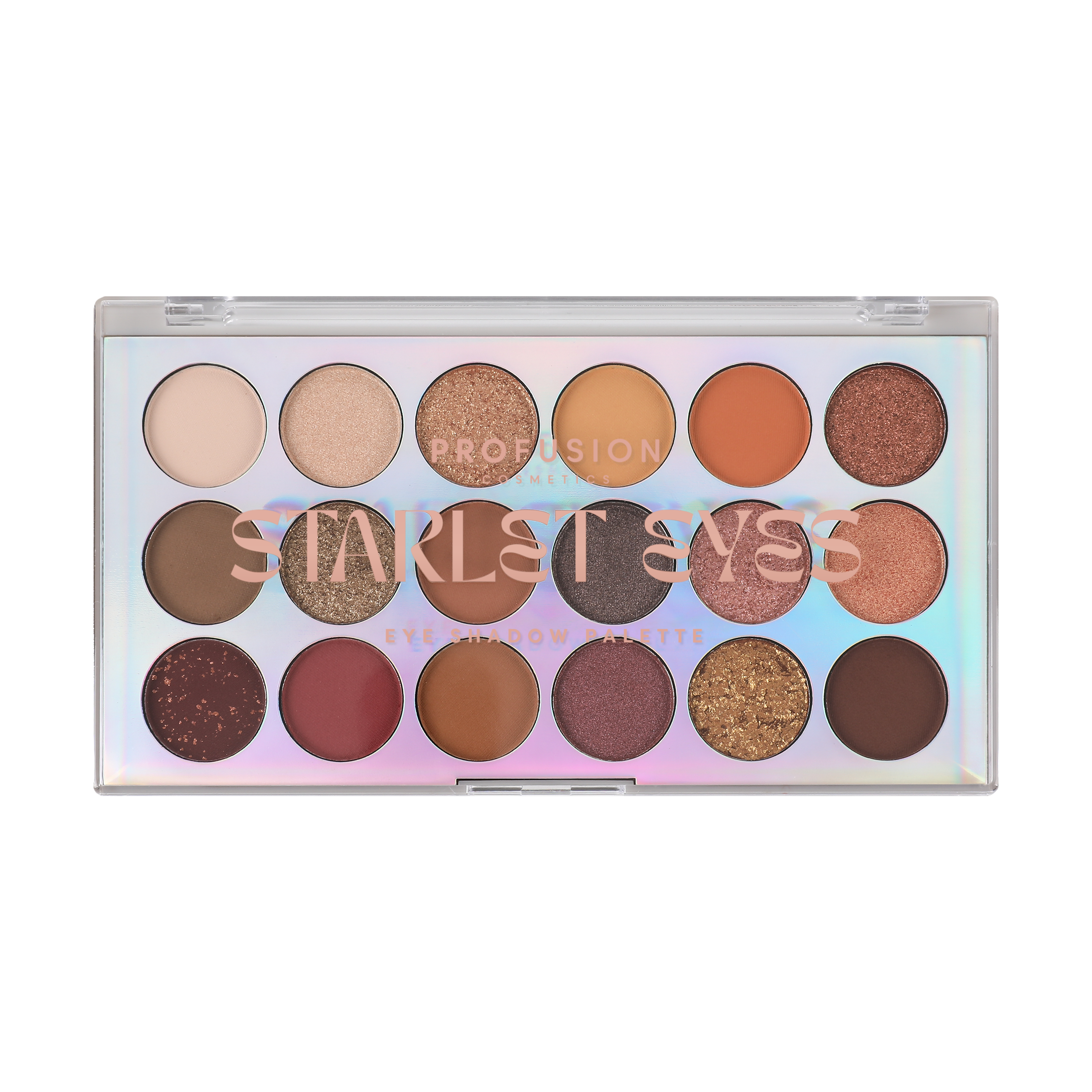 Profusion Cosmetics Starlet Eyes 5-piece eye palette and brush set with colorful eyeshadows and applicator brushes displayed.