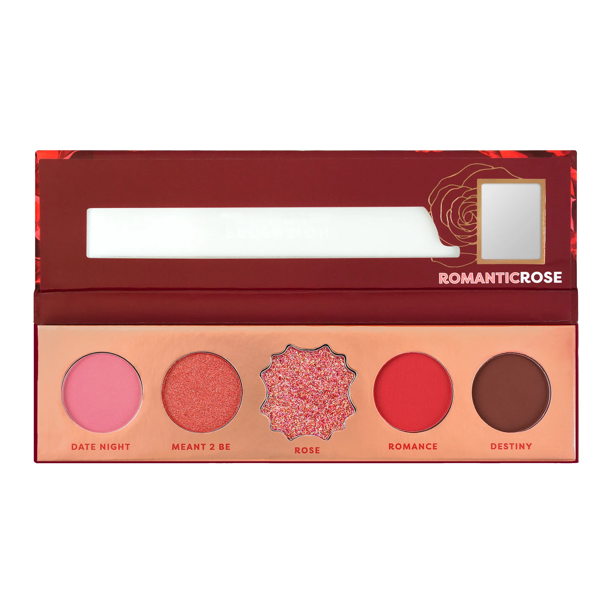 Profusion Cosmetics Blooming Hues 5-shade eye palette with romantic rose tones for versatile eye makeup looks.